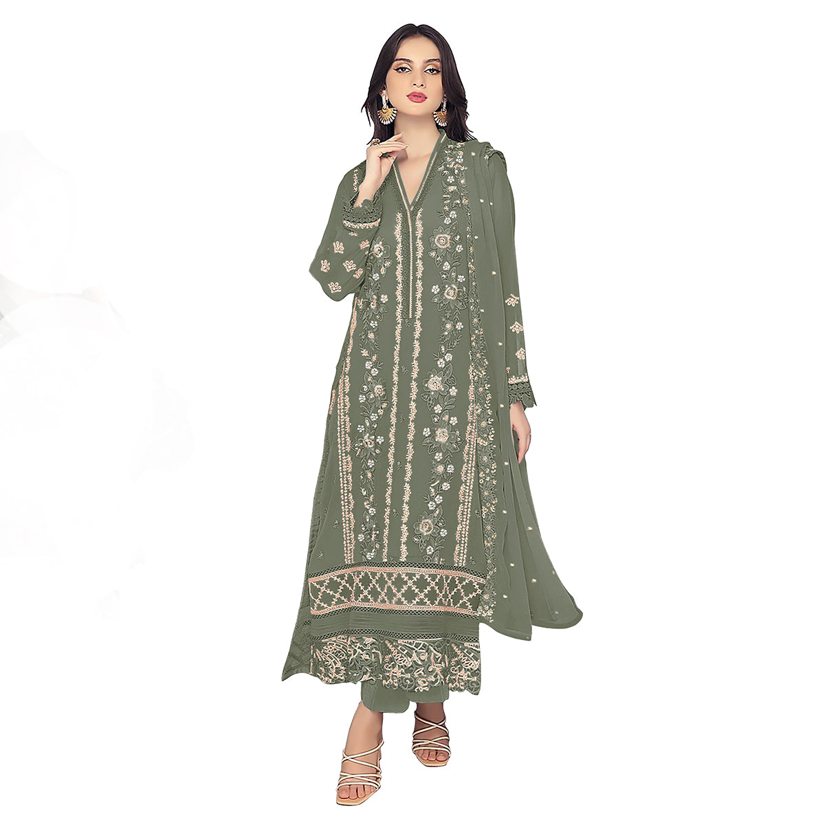 Shafnufab WOMEN'S Georgette Semi-Stiched Pakistani Suit (SF-171939 Light Green Free Size )