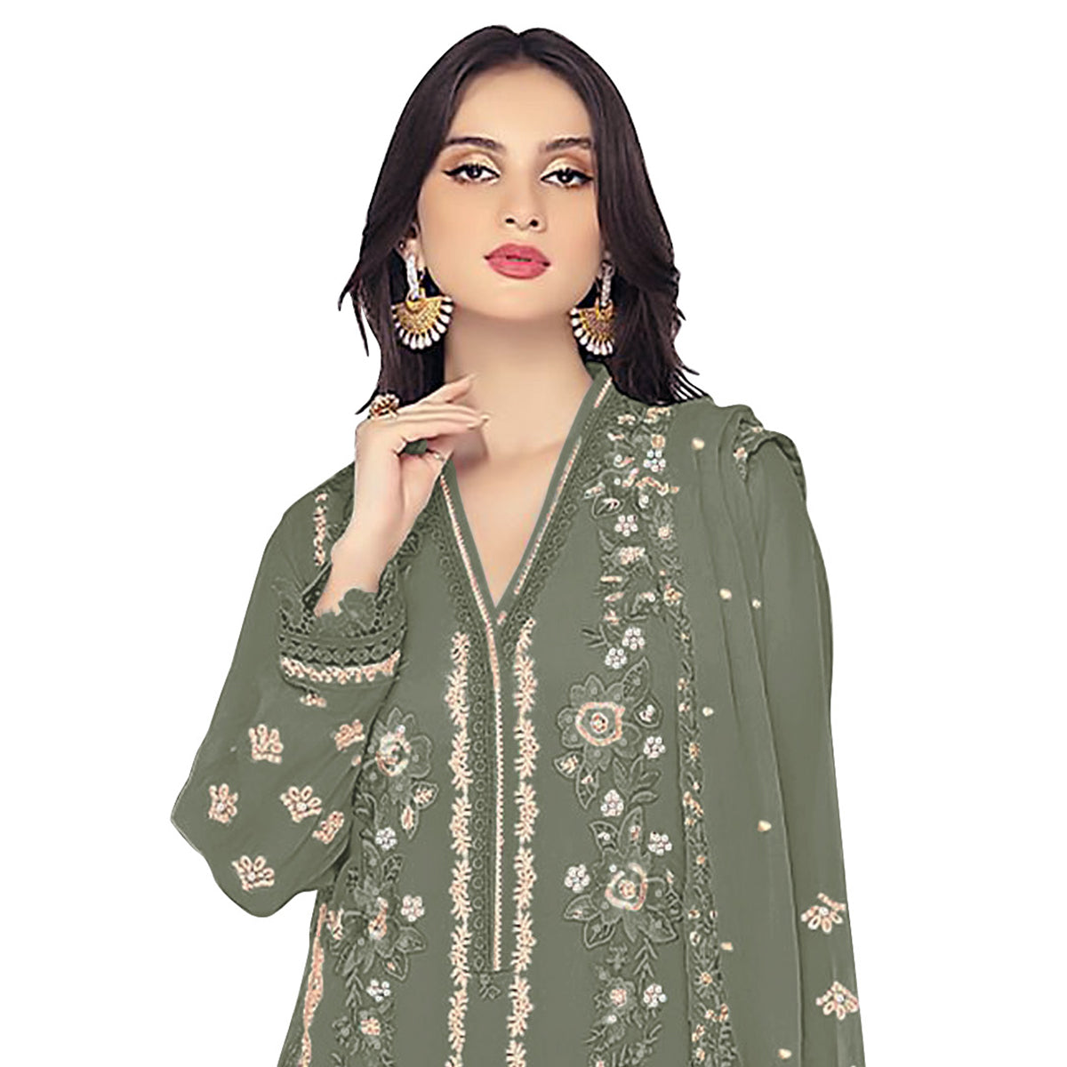 Shafnufab WOMEN'S Georgette Semi-Stiched Pakistani Suit (SF-171939 Light Green Free Size )
