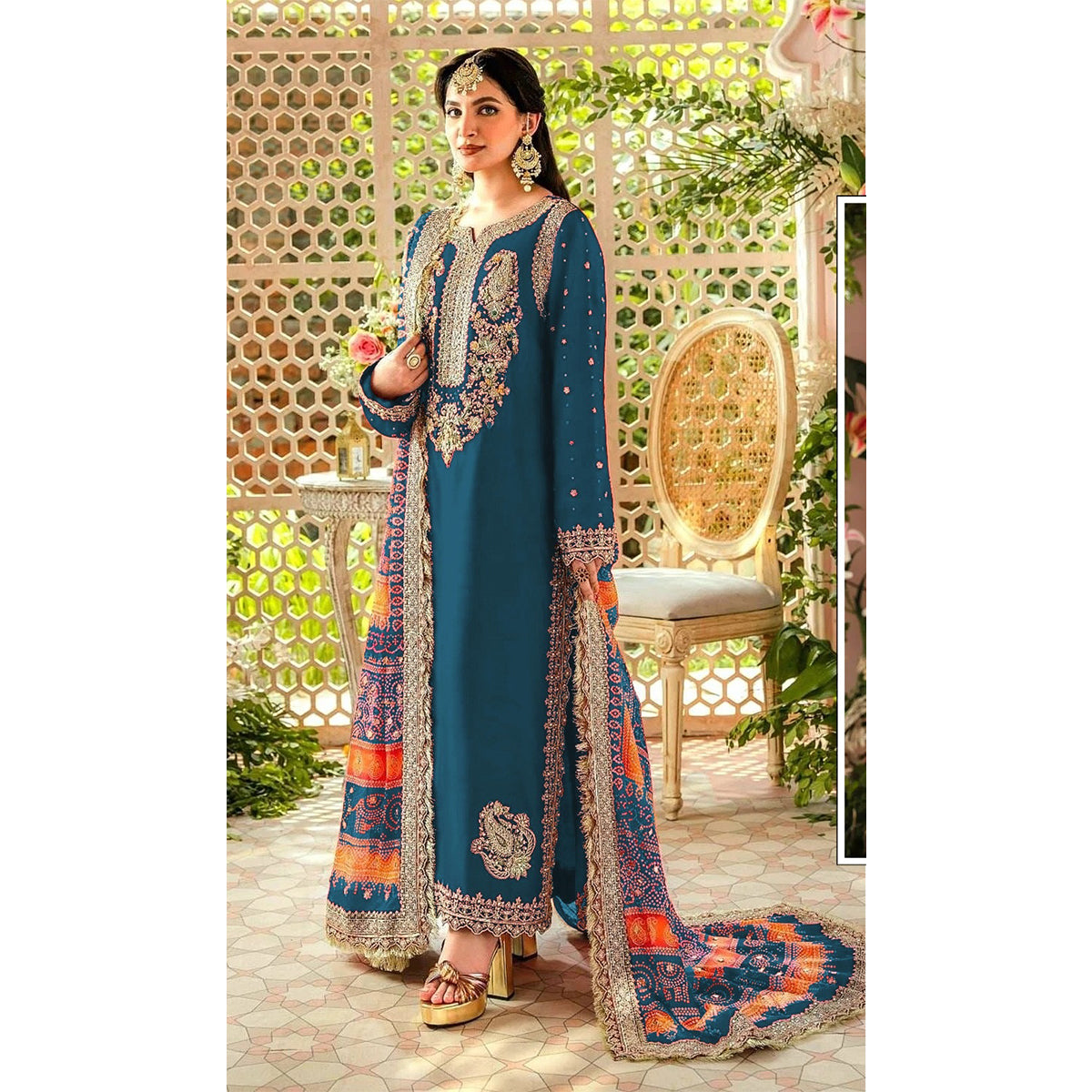 Shafnufab WOMEN'S Georgette Semi-Stiched Pakistani Suit (SF-171939 Light Green Free Size )