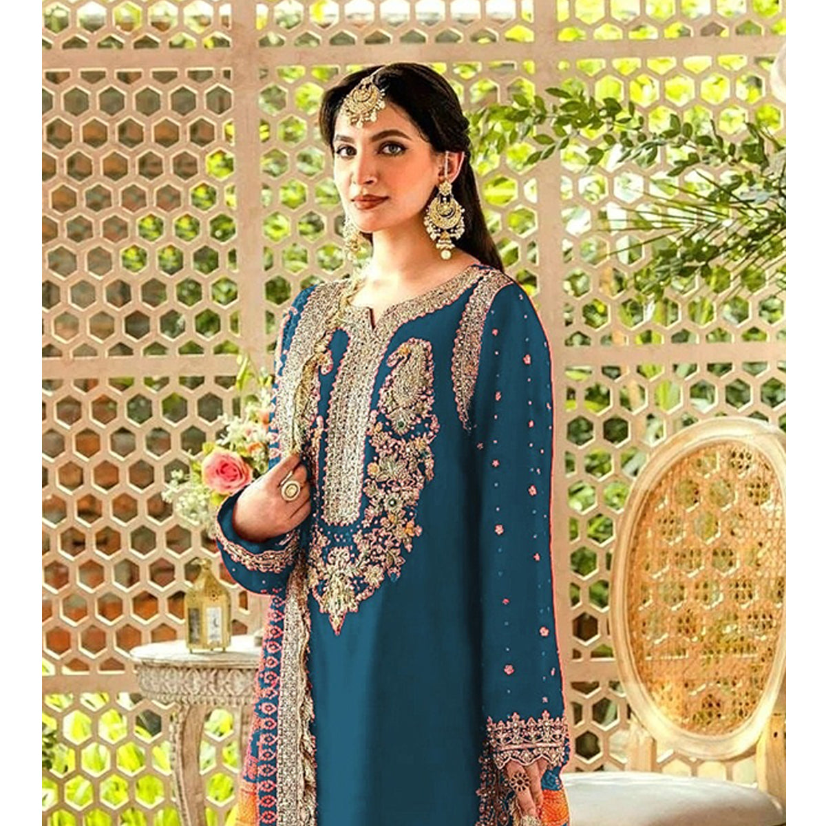 Shafnufab WOMEN'S Georgette Semi-Stiched Pakistani Suit (SF-171939 Light Green Free Size )