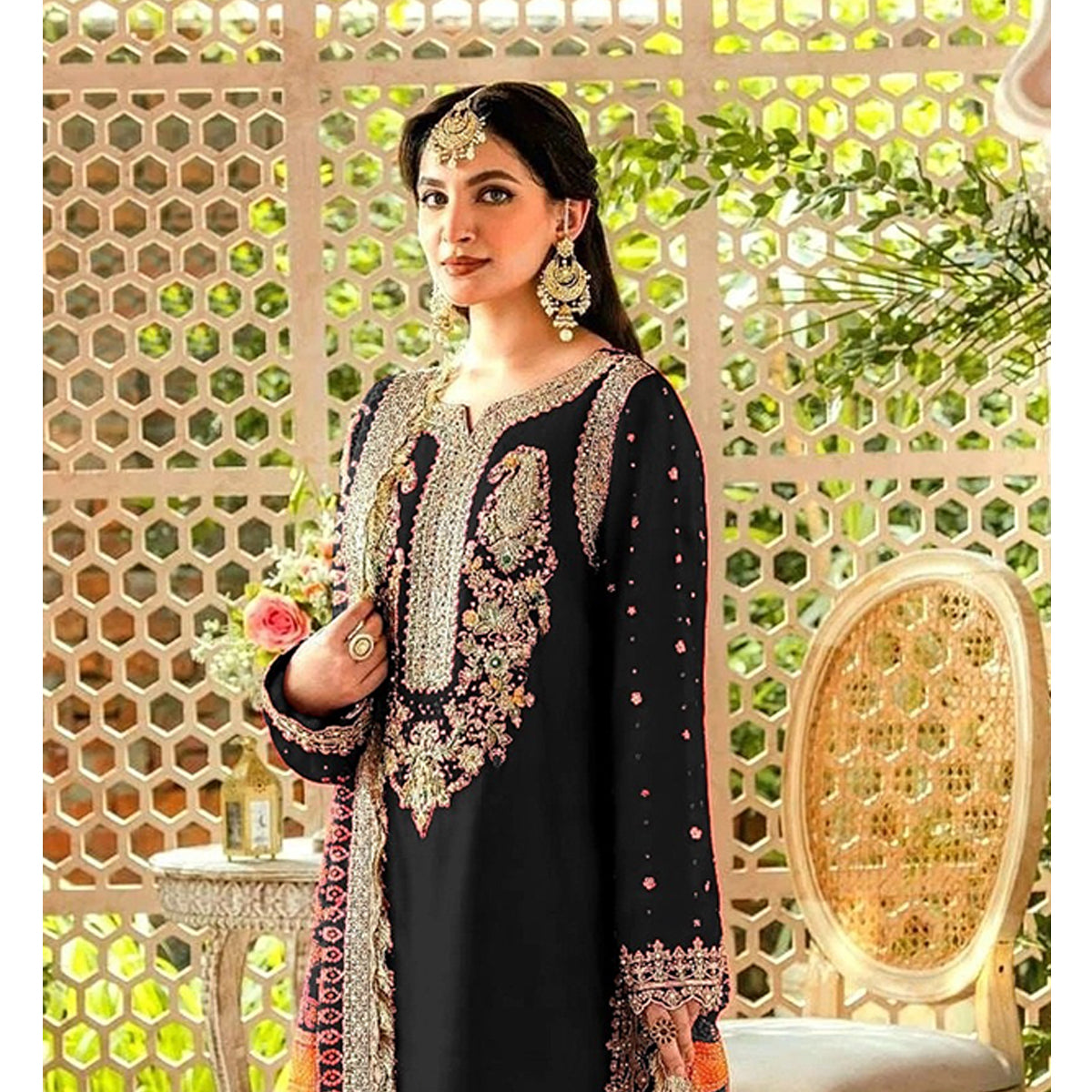 Shafnufab WOMEN'S Georgette Semi-Stiched Pakistani Suit (SF-171939 Light Green Free Size )
