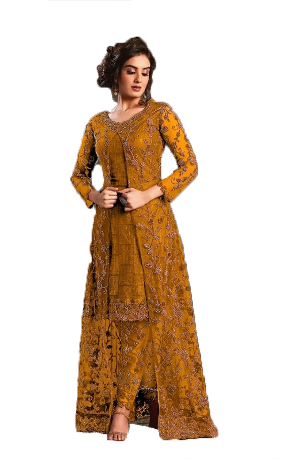 SHAFNUFAB Women's Net Ethnic Wear for WomenSemi StitchedSalwarSuit SF201115 Diwali Outfit Bridal Yellow Colour Indian CasualWearSalwarSuit IN Eid