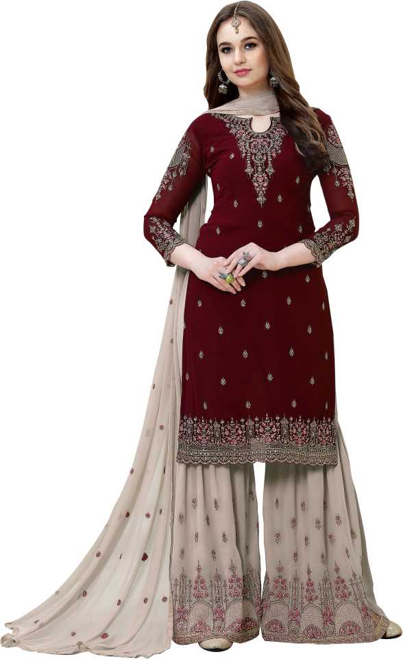 SHAFNUFAB Women's Georgette Ethnic Wear for WomenSemi StitchedSalwarSuit SF201178 Diwali Outfit Bridal Maroon1 Colour Indian CasualWearSalwarSuit IN Eid