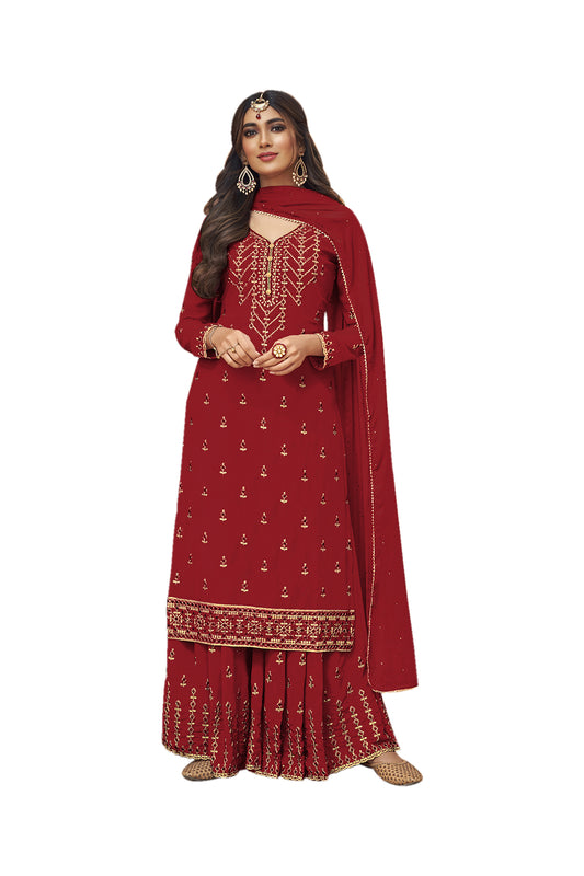 SHAFNUFAB Women's Georgette Ethnic Wear for WomenSemi StitchedSalwarSuit SF201182 Diwali Outfit Bridal Maroon Colour Indian CasualWearSalwarSuit IN Eid