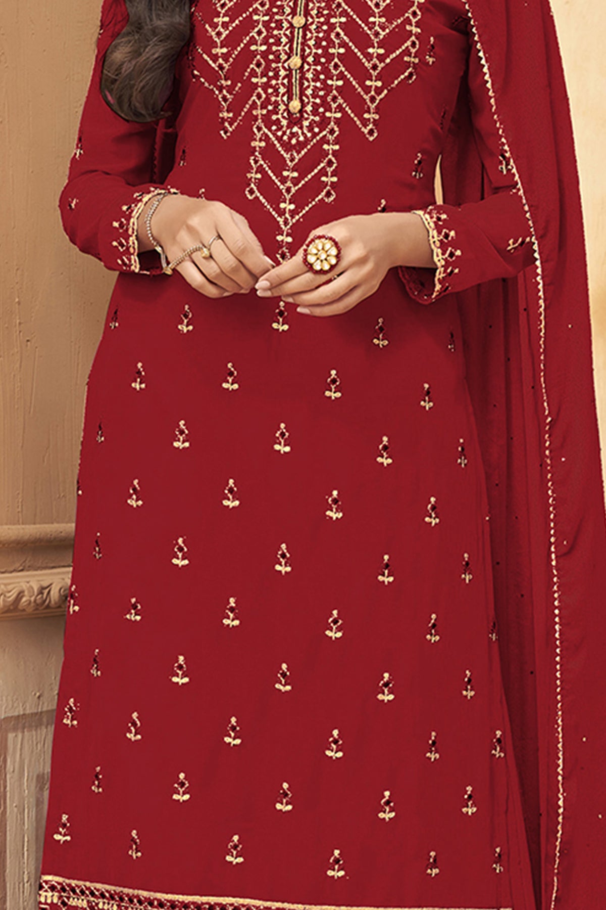 SHAFNUFAB Women's Georgette Ethnic Wear for WomenSemi StitchedSalwarSuit SF201182 Diwali Outfit Bridal Maroon Colour Indian CasualWearSalwarSuit IN Eid