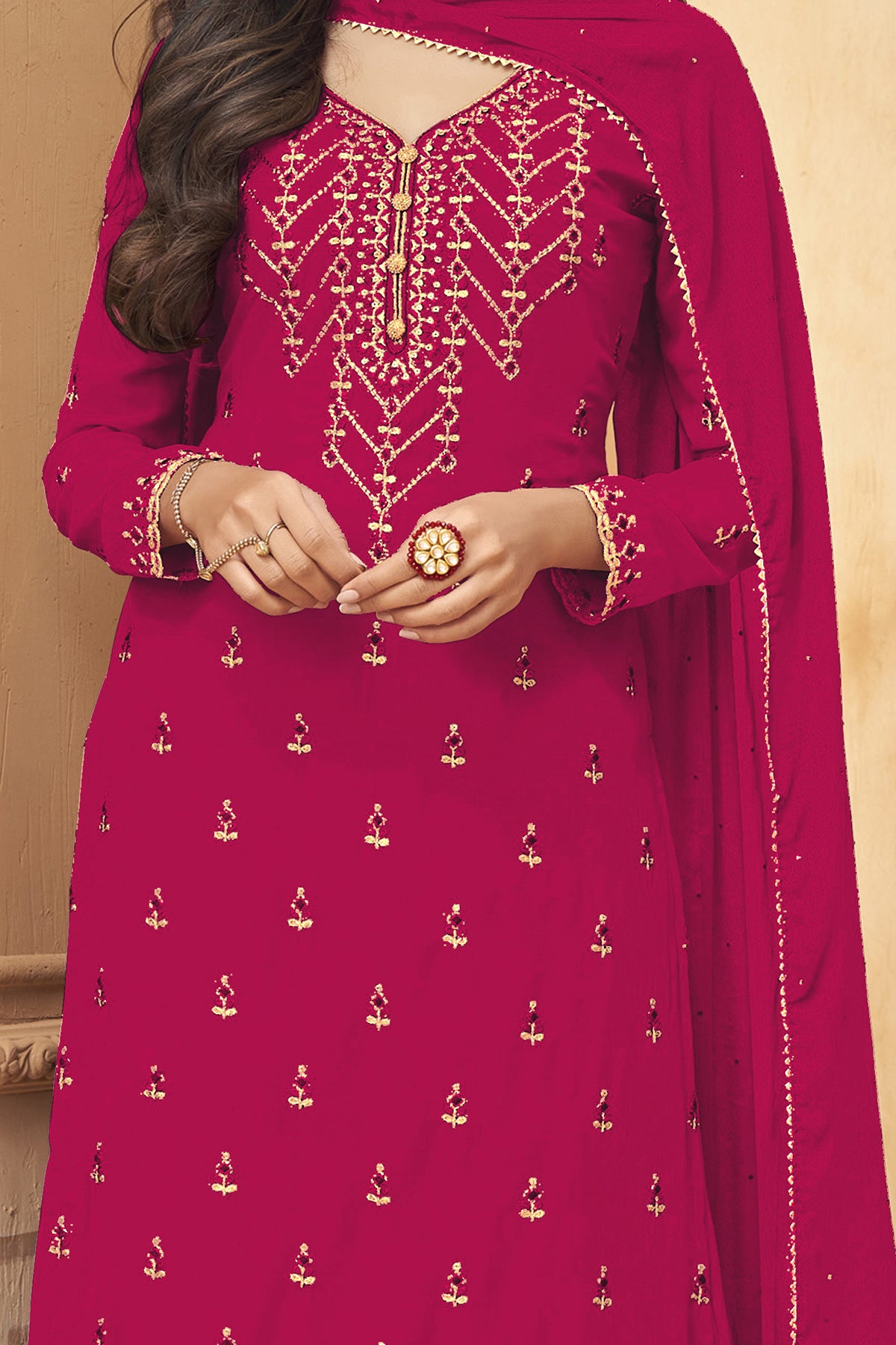 SHAFNUFAB Women's Georgette Ethnic Wear for WomenSemi StitchedSalwarSuit SF201186 Diwali Outfit Bridal Rani Pink Colour Indian CasualWearSalwarSuit IN Eid