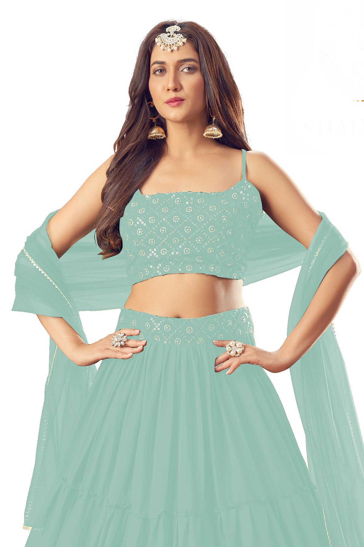 SHAFNUFAB Women's Georgette Semi Stitched lehengacholi SF201206 Diwali Outfit Embroidered lehengacholi Set Sky Blue Colour Indian Heavy Lehenga