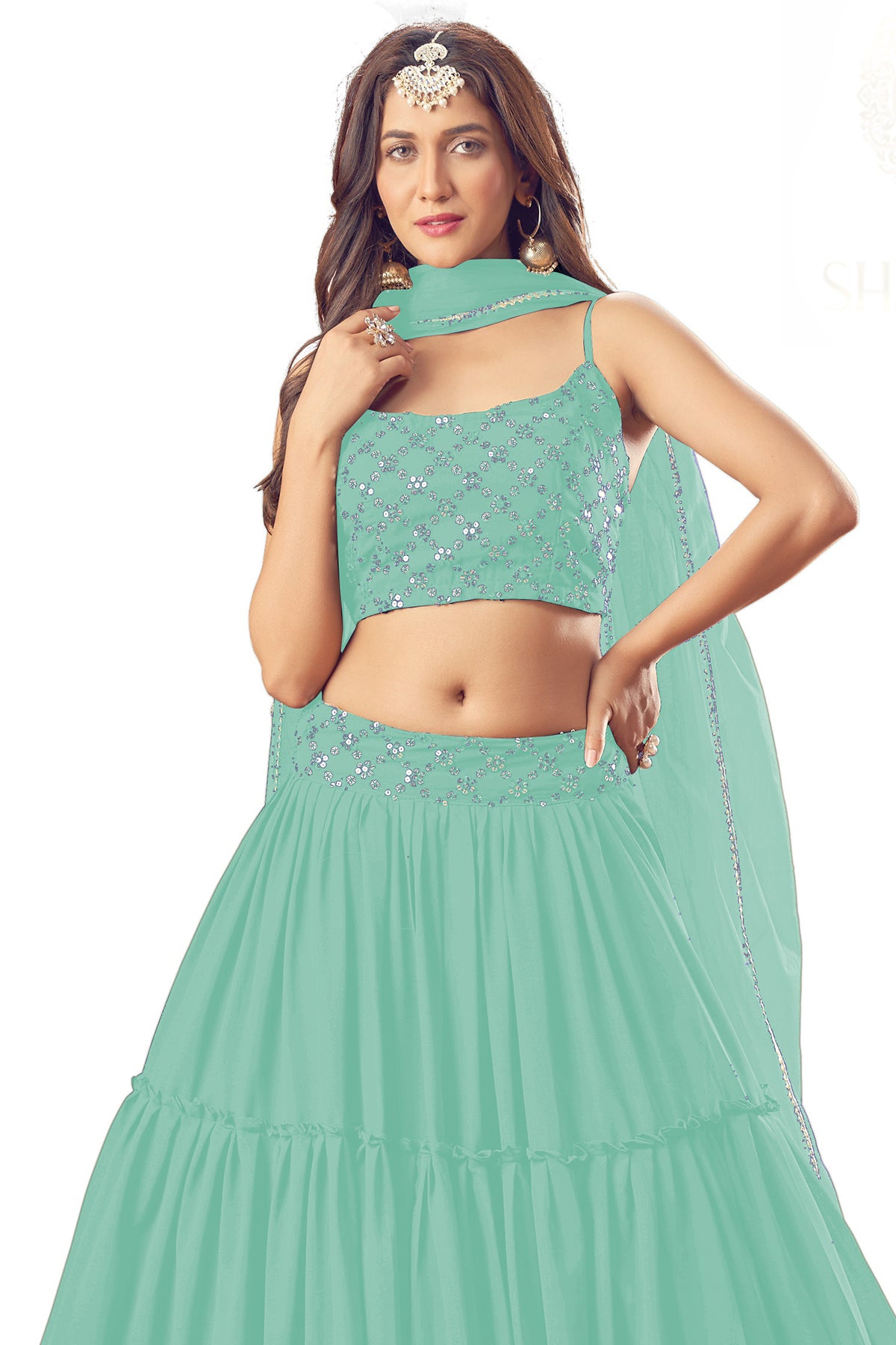 SHAFNUFAB Women's Georgette Semi Stitched lehengacholi SF201216 Diwali Outfit Embroidered lehengacholi Set Sky Blue Colour Indian Heavy Lehenga