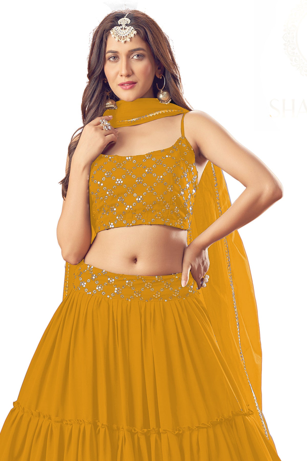 SHAFNUFAB Women's Georgette Semi Stitched lehengacholi SF201219 Diwali Outfit Embroidered lehengacholi Set Yellow2 Colour Indian Heavy Lehenga