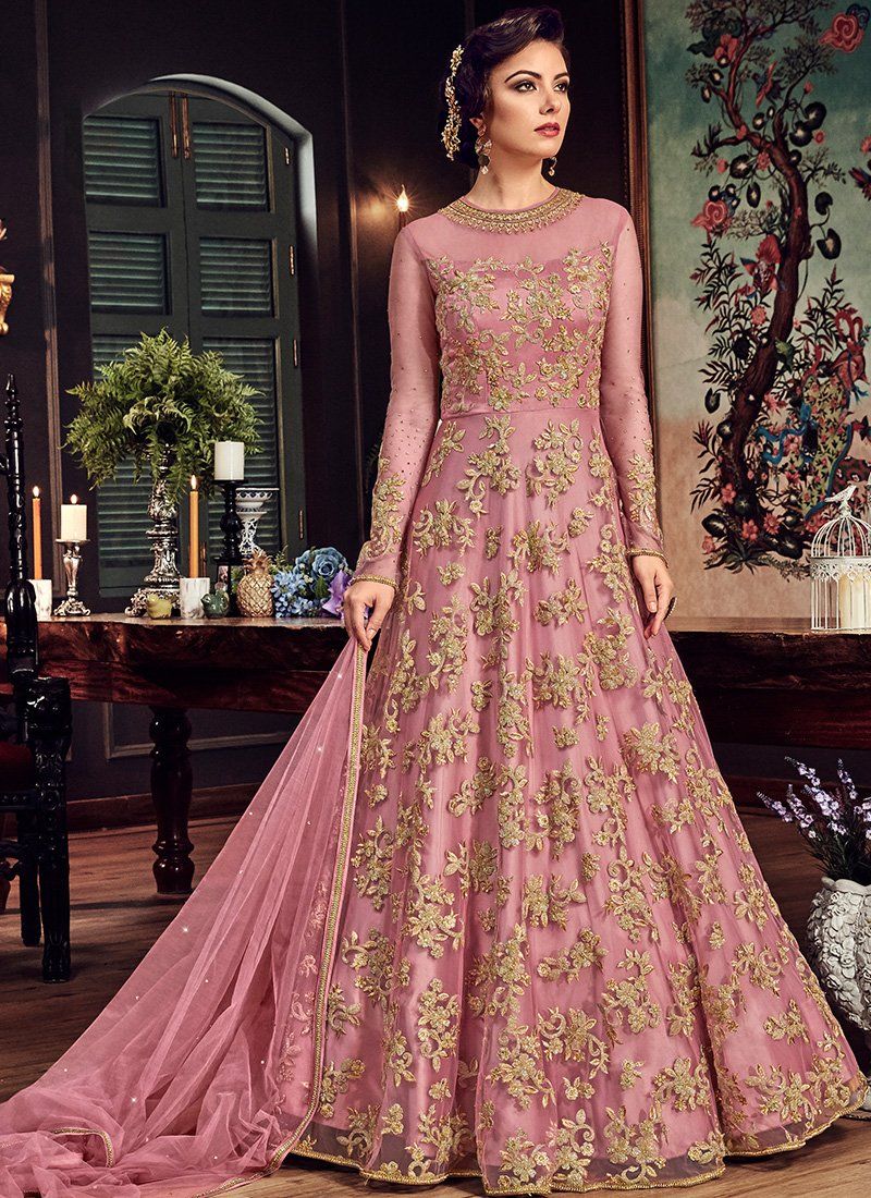 SHAFNUFAB Women's Net Ethnic Wear for WomenSemi StitchedSalwarSuit SF20130 Diwali Outfit Bridal Peach Colour Indian CasualWearSalwarSuit IN Eid