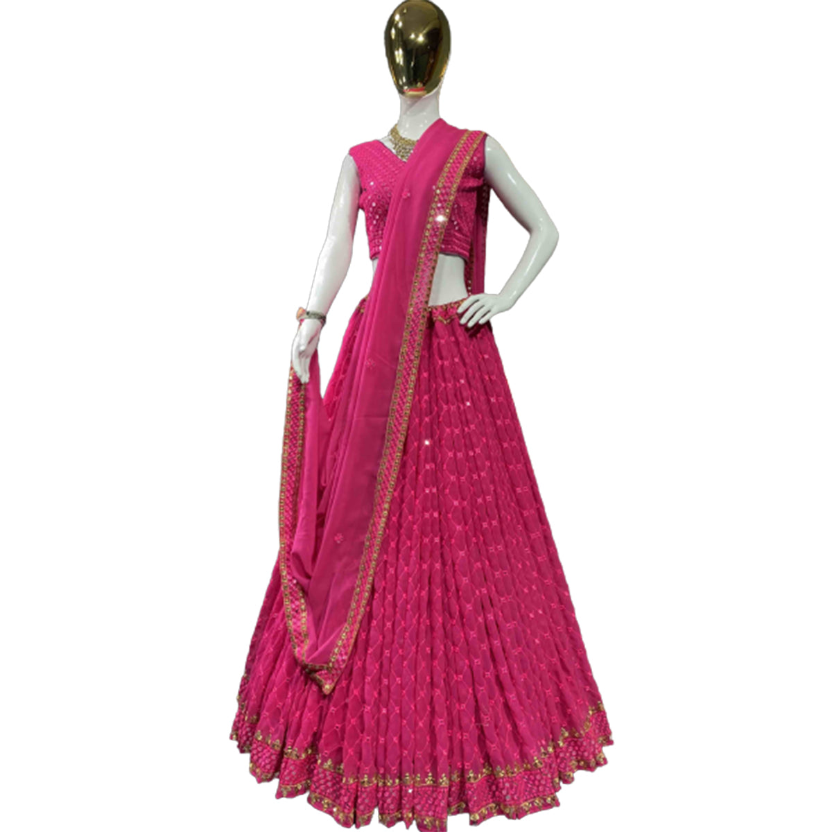 SHAFNUFAB Women's Georgette Semi Stitched lehengacholi SF201332 Diwali Outfit Embroidered lehengacholi Set Rani pink Colour Indian Heavy Lehenga