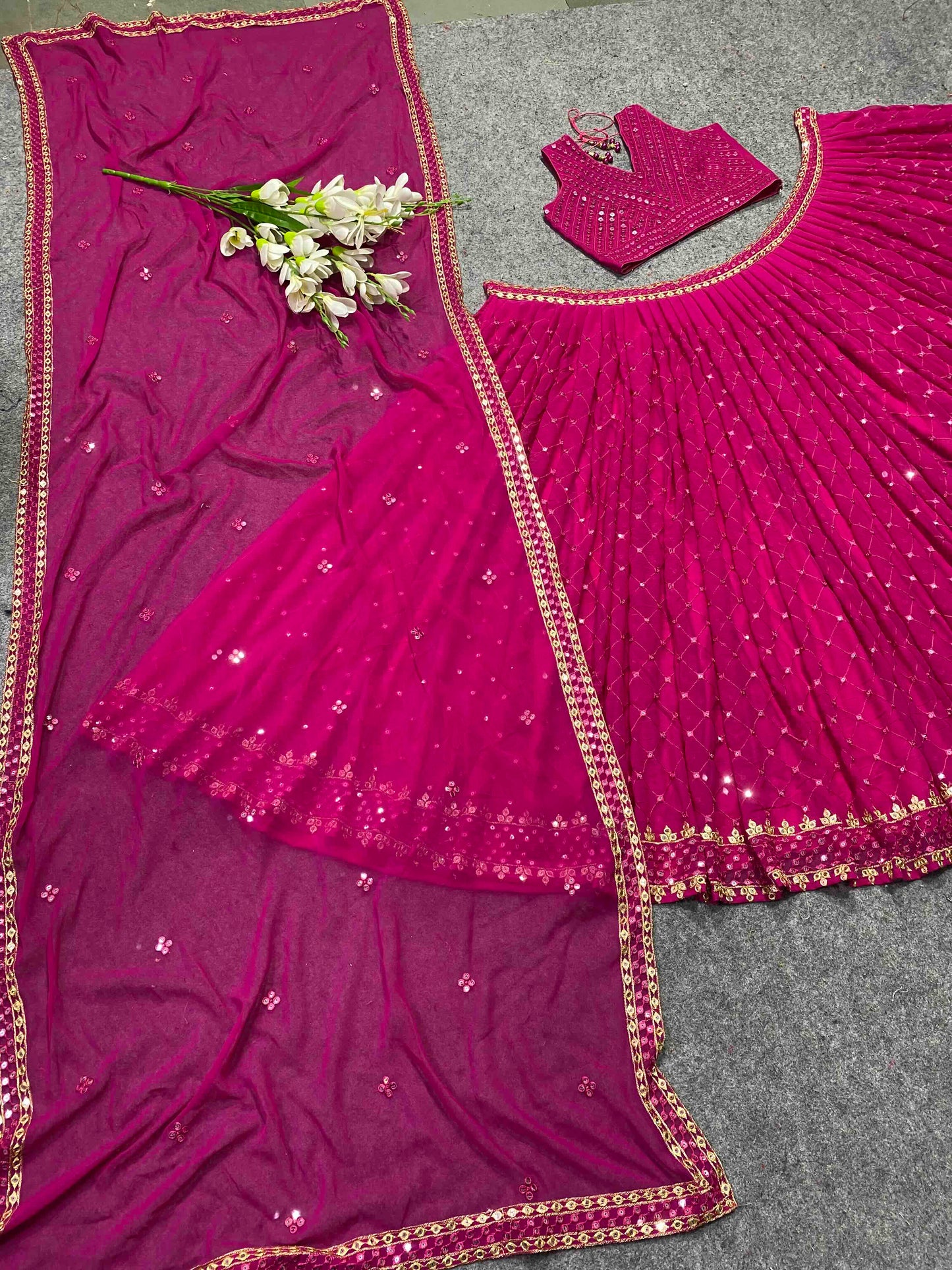 SHAFNUFAB Women's Georgette Semi Stitched lehengacholi SF201332 Diwali Outfit Embroidered lehengacholi Set Rani pink Colour Indian Heavy Lehenga