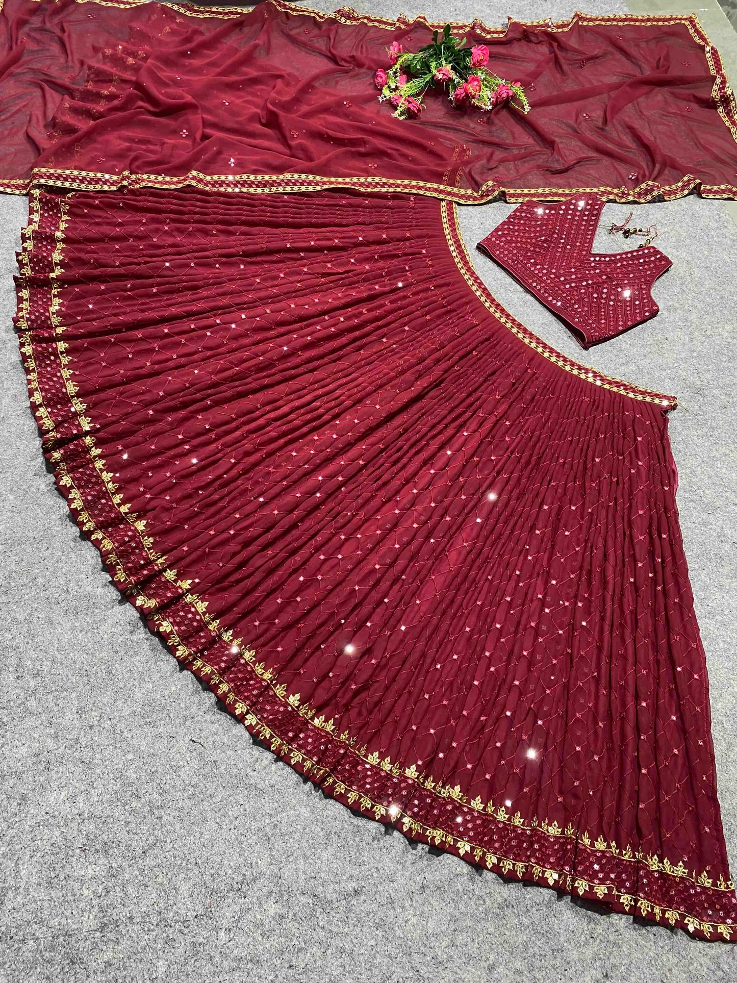 SHAFNUFAB Women's Georgette Semi Stitched lehengacholi SF201333 Diwali Outfit Embroidered lehengacholi Set Maroon Colour Indian Heavy Lehenga