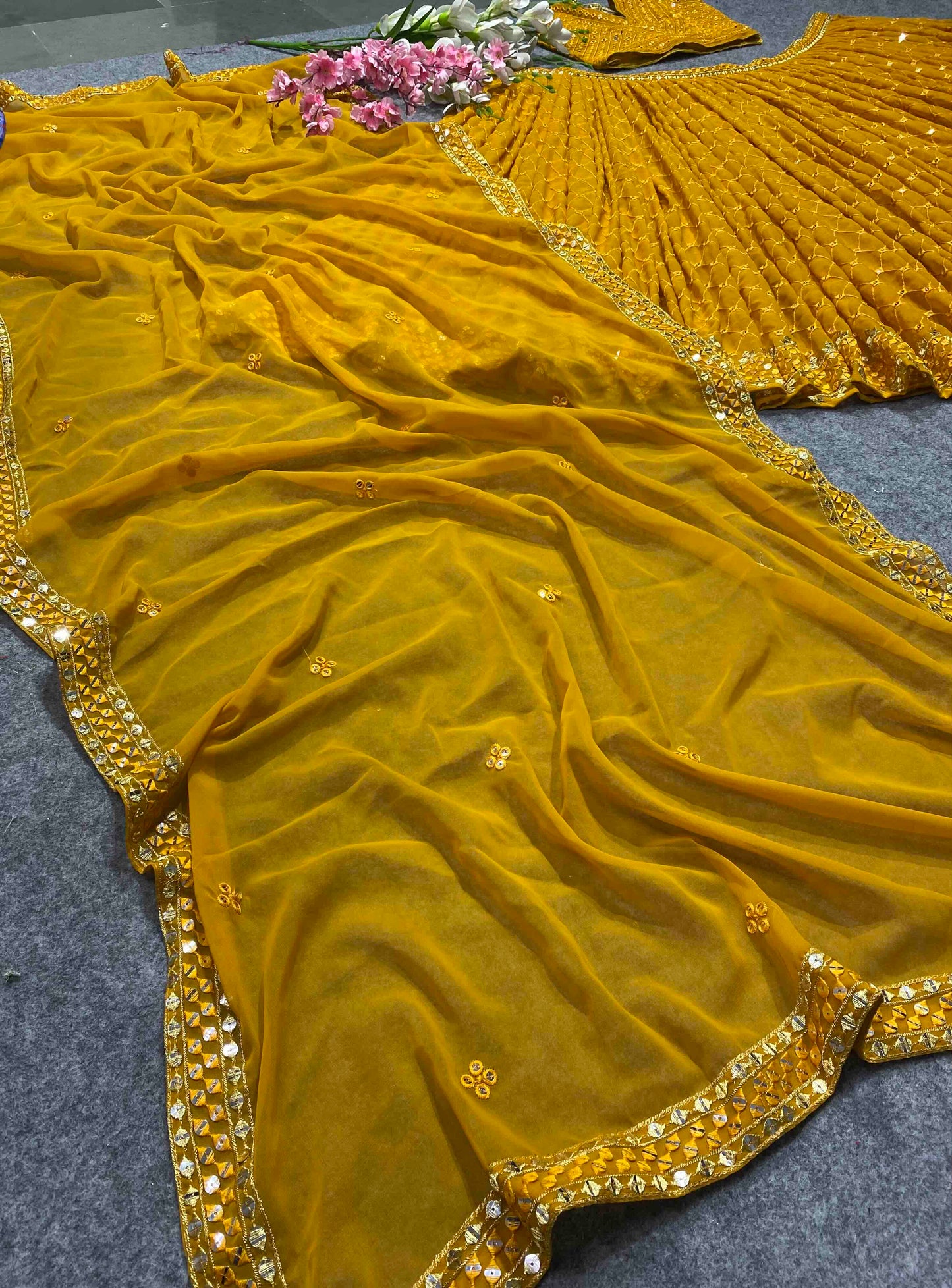 SHAFNUFAB Women's Georgette Semi Stitched lehengacholi SF201334 Diwali Outfit Embroidered lehengacholi Set Yellow Colour Indian Heavy Lehenga