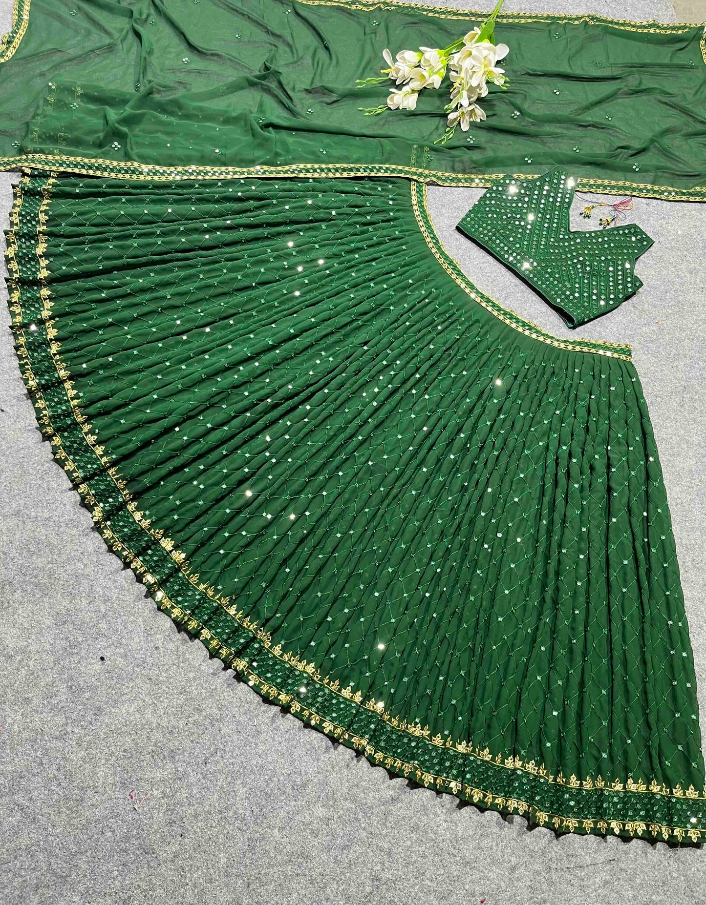 SHAFNUFAB Women's Georgette Semi Stitched lehengacholi SF201336 Diwali Outfit Embroidered lehengacholi Set Green Colour Indian Heavy Lehenga