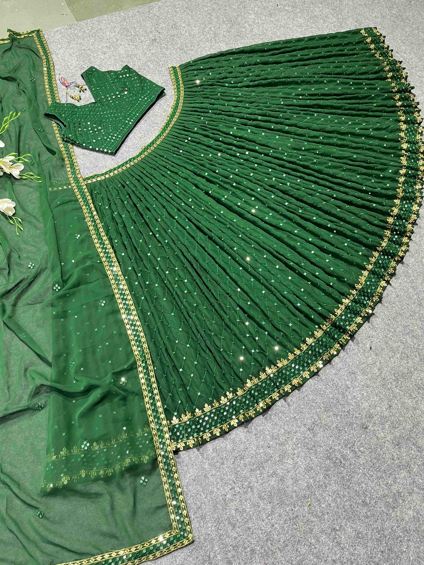 SHAFNUFAB Women's Georgette Semi Stitched lehengacholi SF201336 Diwali Outfit Embroidered lehengacholi Set Green Colour Indian Heavy Lehenga
