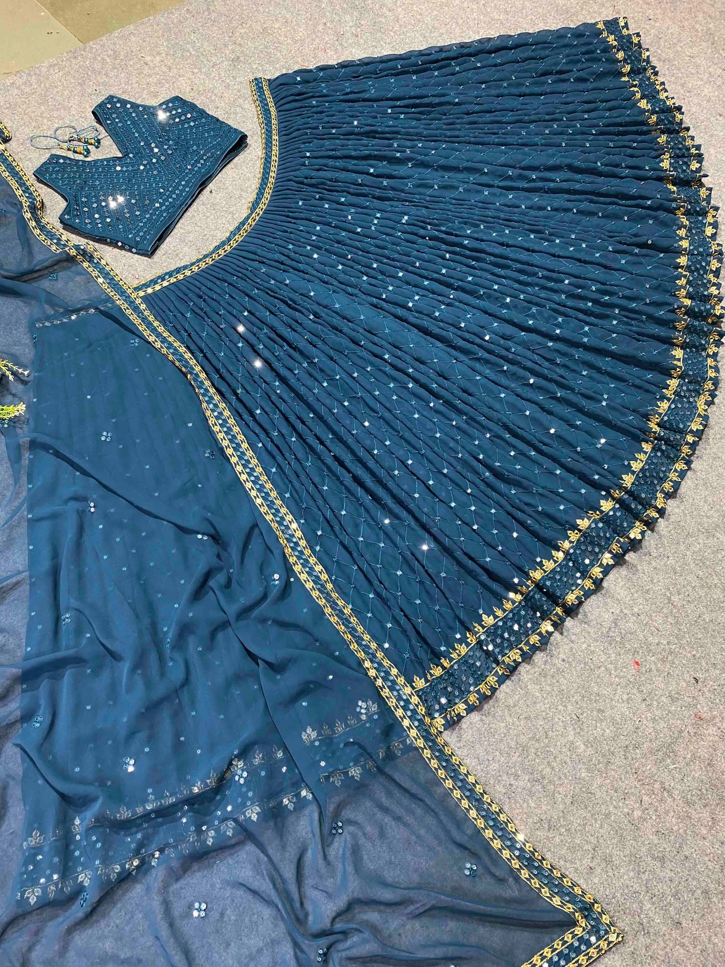 SHAFNUFAB Women's Georgette Semi Stitched lehengacholi SF201341 Diwali Outfit Embroidered lehengacholi Set Teal Colour Indian Heavy Lehenga