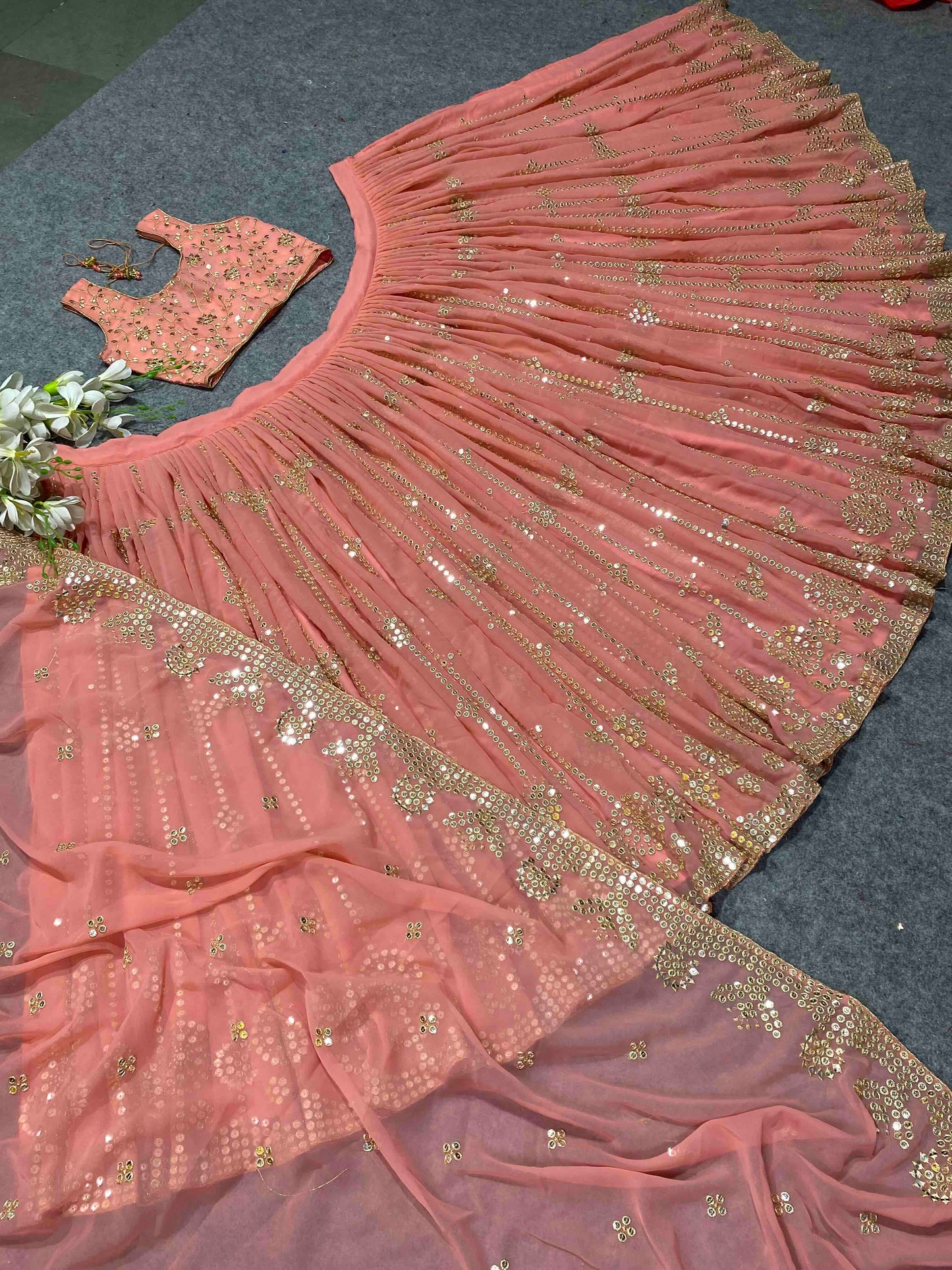 SHAFNUFAB Women's Georgette Semi Stitched lehengacholi SF201346 Diwali Outfit Embroidered lehengacholi Set Orange Colour Indian Heavy Lehenga