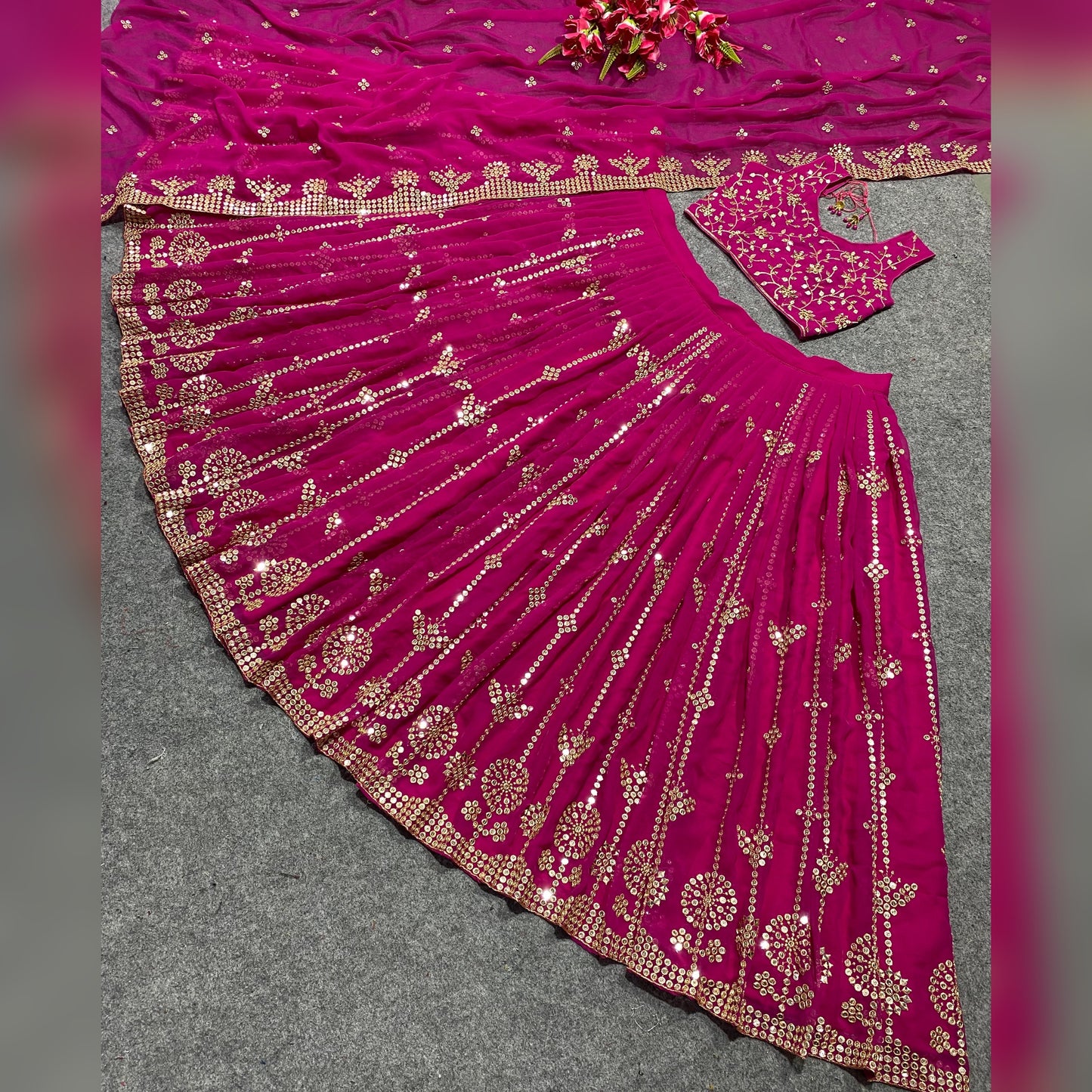 SHAFNUFAB Women's Georgette Semi Stitched lehengacholi SF201347 Diwali Outfit Embroidered lehengacholi Set Rani Pink Colour Indian Heavy Lehenga