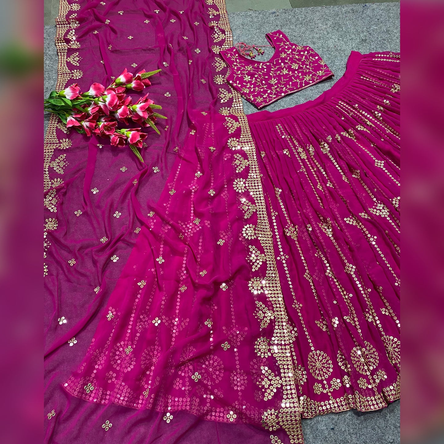 SHAFNUFAB Women's Georgette Semi Stitched lehengacholi SF201347 Diwali Outfit Embroidered lehengacholi Set Rani Pink Colour Indian Heavy Lehenga
