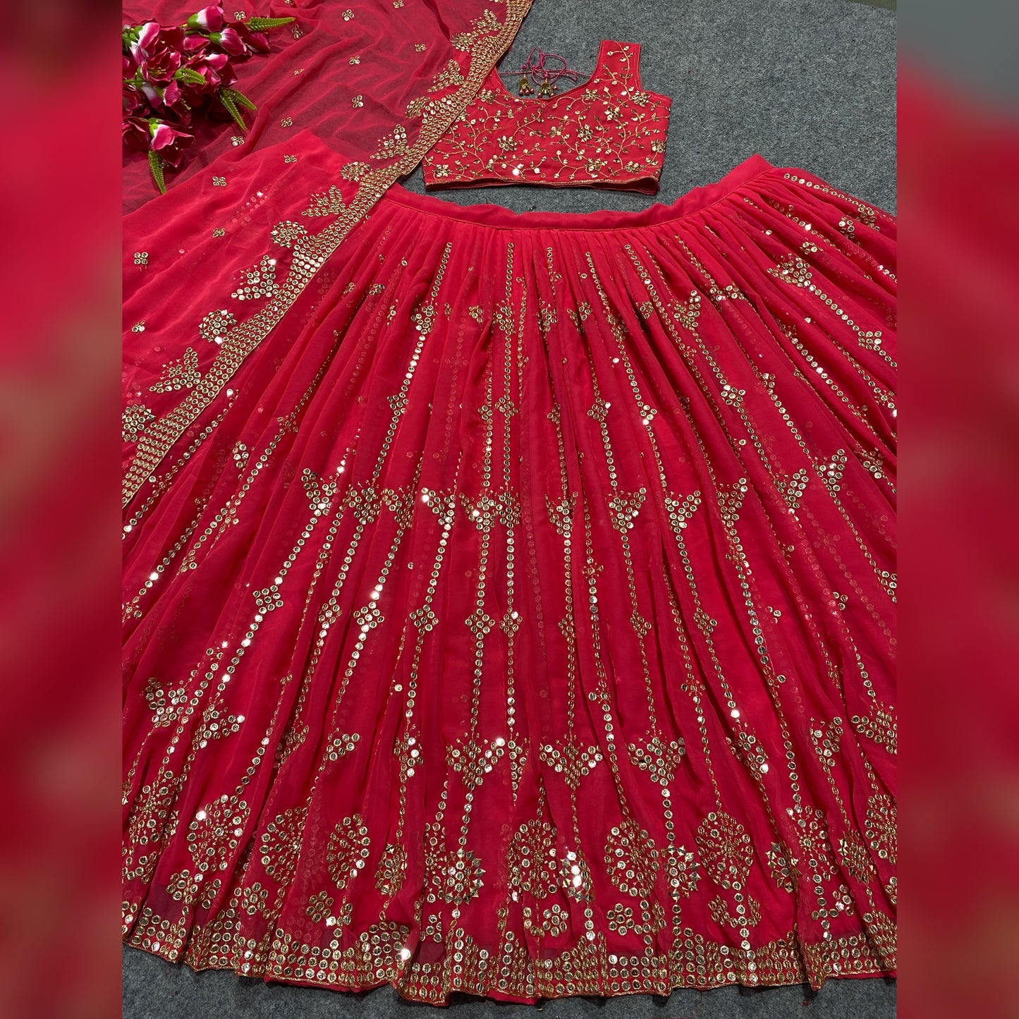SHAFNUFAB Women's Georgette Semi Stitched lehengacholi SF201348 Diwali Outfit Embroidered lehengacholi Set Red Colour Indian Heavy Lehenga
