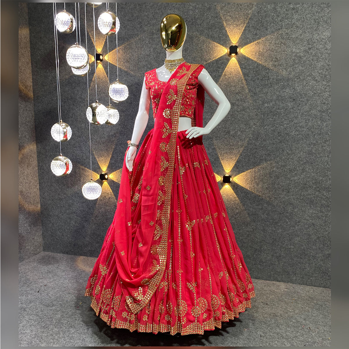 SHAFNUFAB Women's Georgette Semi Stitched lehengacholi SF201348 Diwali Outfit Embroidered lehengacholi Set Red Colour Indian Heavy Lehenga