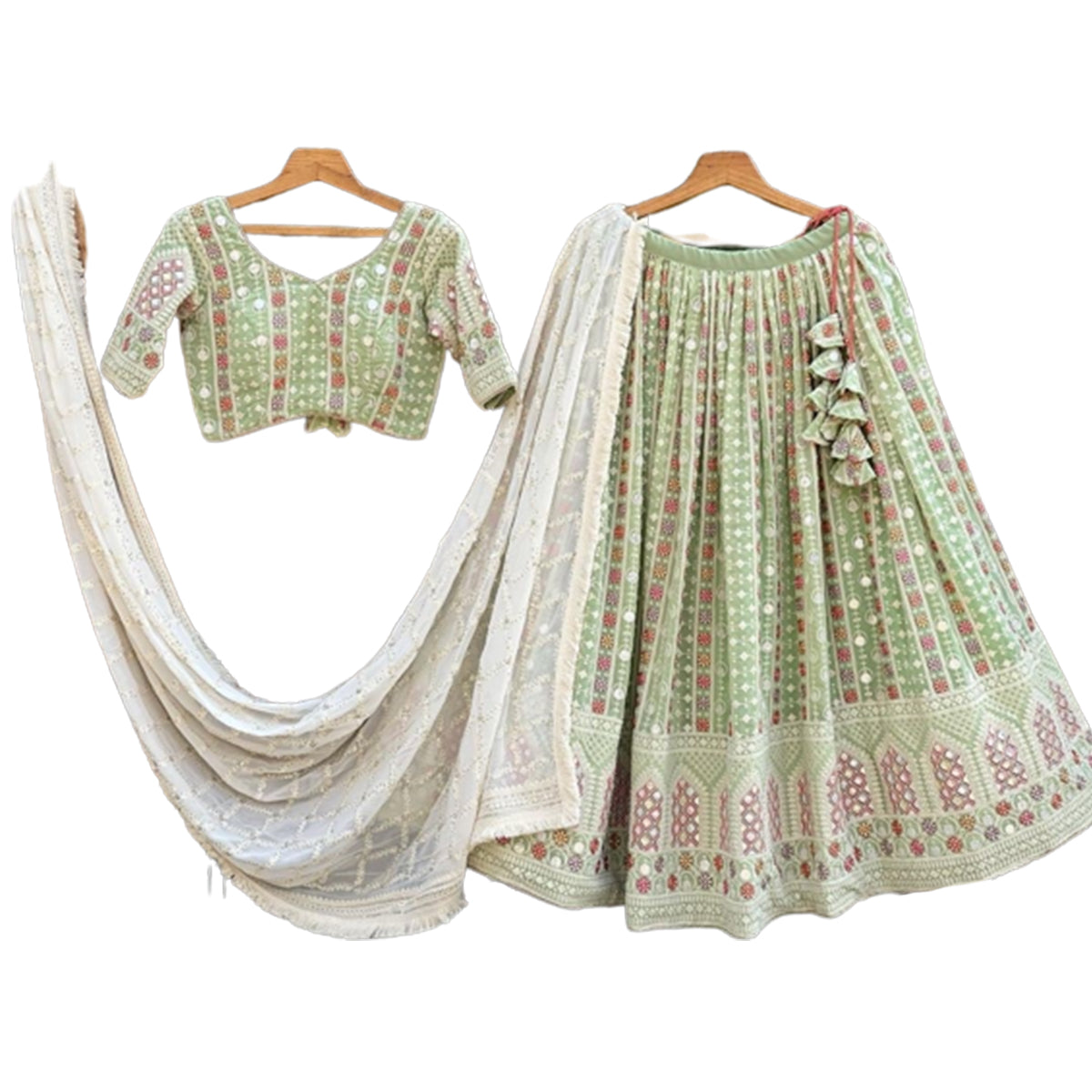 SHAFNUFAB Women's Georgette Semi Stitched lehengacholi SF201349 Diwali Outfit Embroidered lehengacholi Set Green Colour Indian Heavy Lehenga