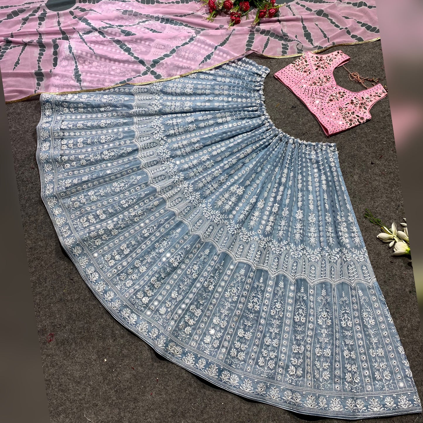 Shafnufab Women's Georgette weddings Lehenga Choli (SF201356 Grey Free Size )