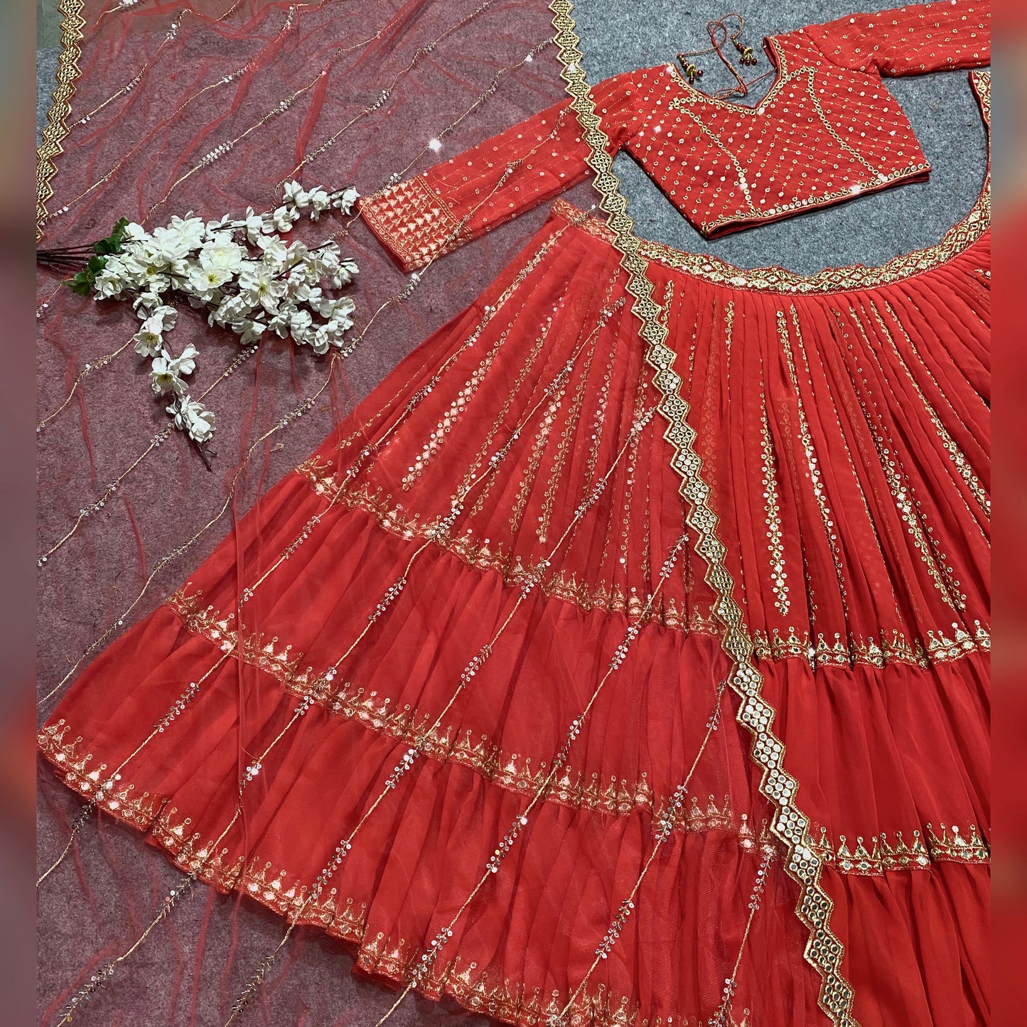 Shafnufab Women's Georgette weddings Lehenga Choli (SF201357 Orange Free Size )