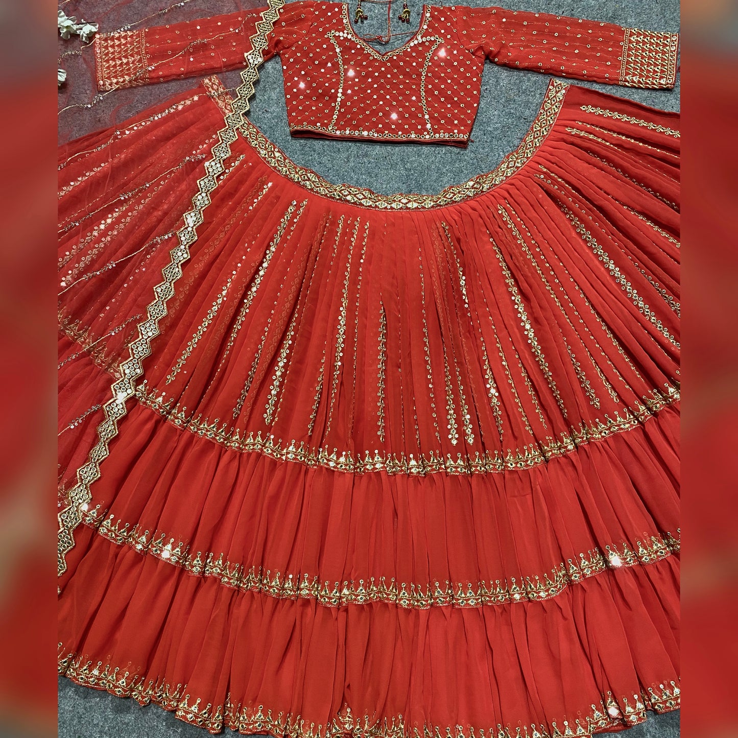 Shafnufab Women's Georgette weddings Lehenga Choli (SF201357 Orange Free Size )