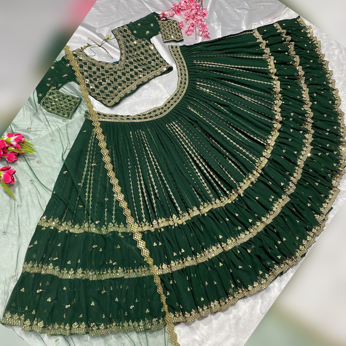 Shafnufab Women's Georgette weddings Lehenga Choli (SF201358 Green Free Size )