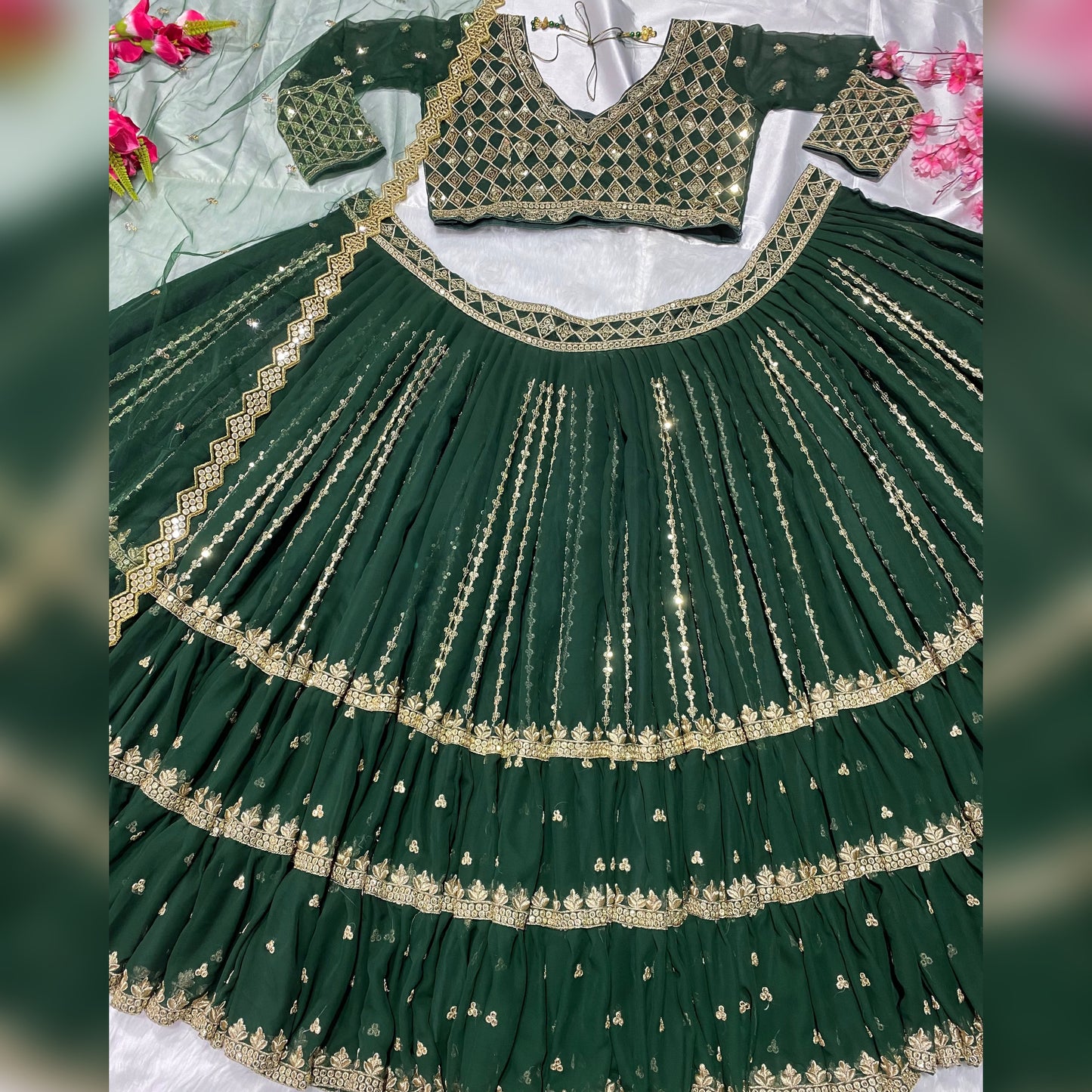 Shafnufab Women's Georgette weddings Lehenga Choli (SF201358 Green Free Size )
