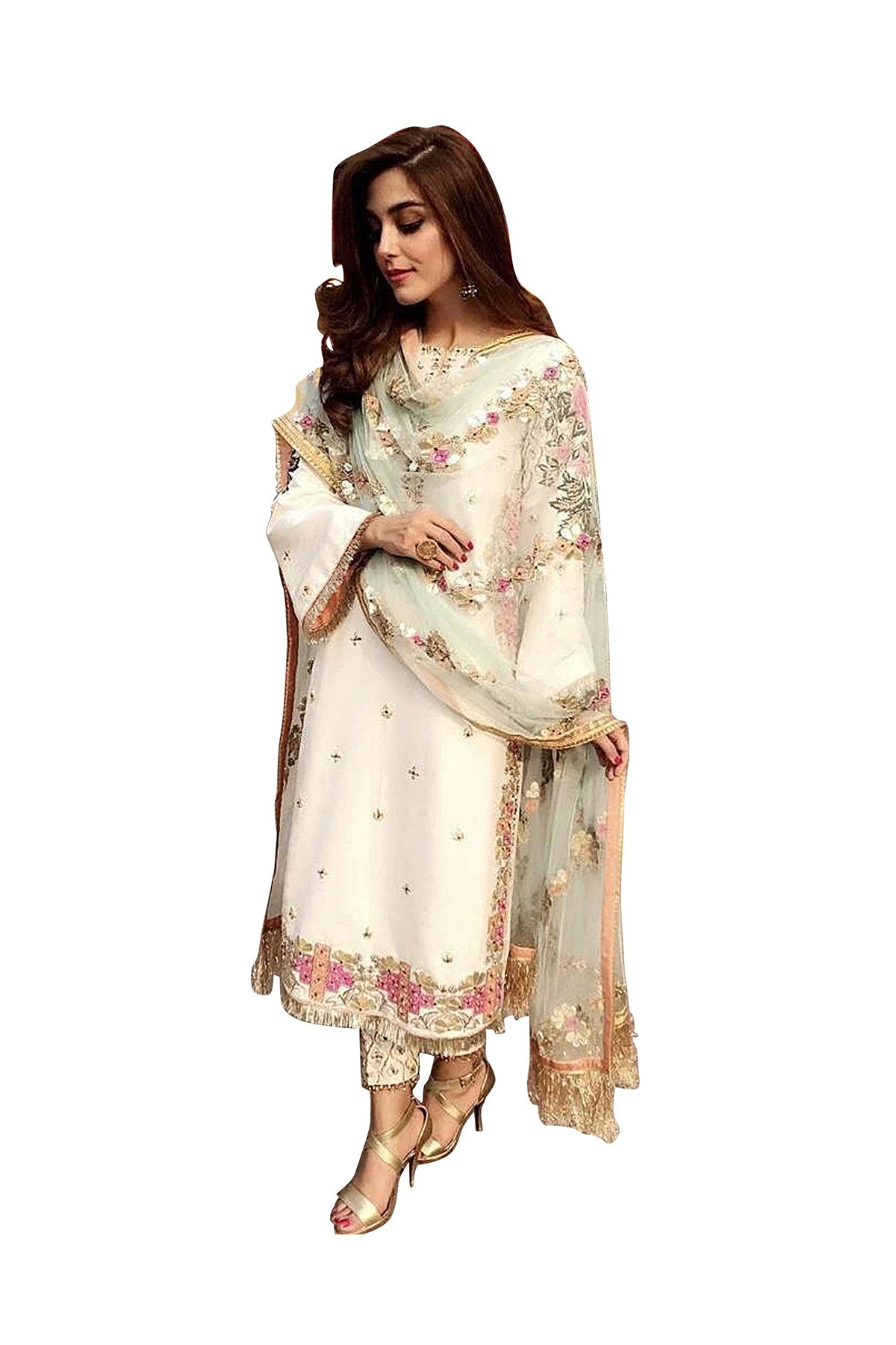 SHAFNUFAB Women's Georgette Ethnic Wear for WomenSemi StitchedSalwarSuit SF201363 Diwali Outfit Bridal White Colour Indian CasualWearSalwarSuit IN Eid
