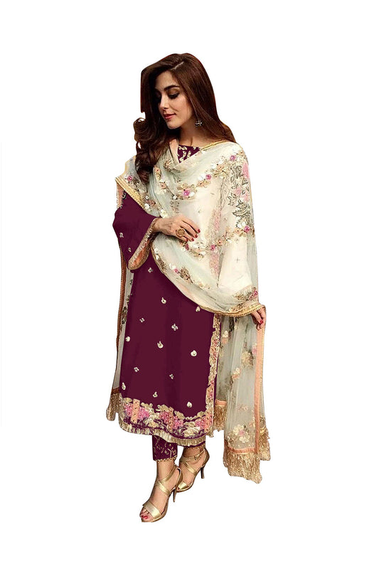 SHAFNUFAB Women's Georgette Ethnic Wear for WomenSemi StitchedSalwarSuit SF201364 Diwali Outfit Bridal Maroon Colour Indian CasualWearSalwarSuit IN Eid