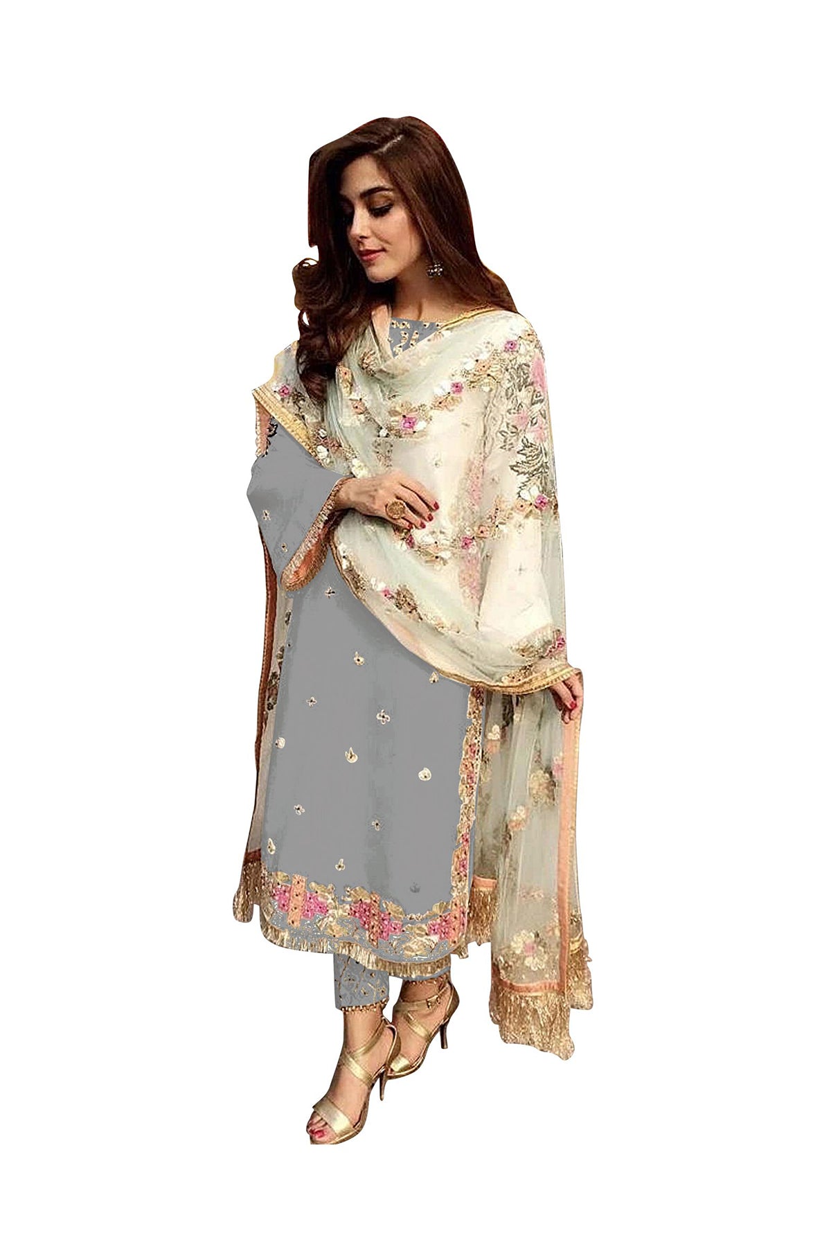 SHAFNUFAB Women's Georgette Ethnic Wear for WomenSemi StitchedSalwarSuit SF201367 Diwali Outfit Bridal Grey Colour Indian CasualWearSalwarSuit IN Eid