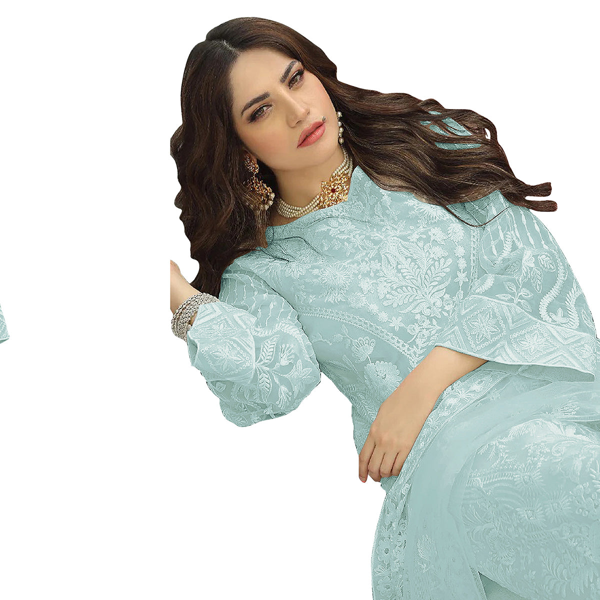 SHAFNUFAB Women's Georgette Ethnic Wear for WomenSemi StitchedSalwarSuit SF201375 Diwali Outfit Bridal Light Blue Colour Indian CasualWearSalwarSuit IN Eid
