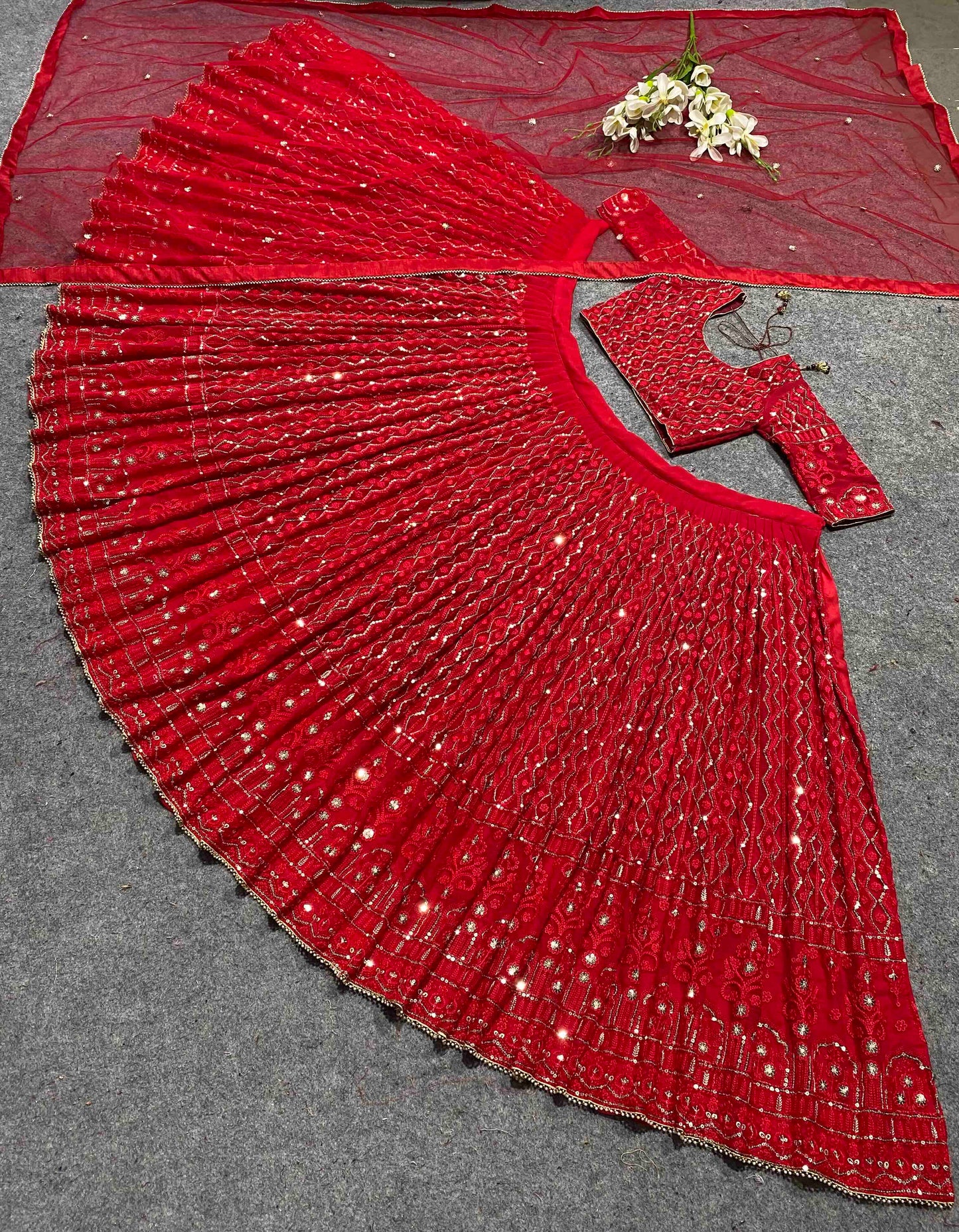 SHAFNUFAB Women's Georgette Semi Stitched lehengacholi SF201378 Diwali Outfit Embroidered lehengacholi Set Red Colour Indian Heavy Lehenga