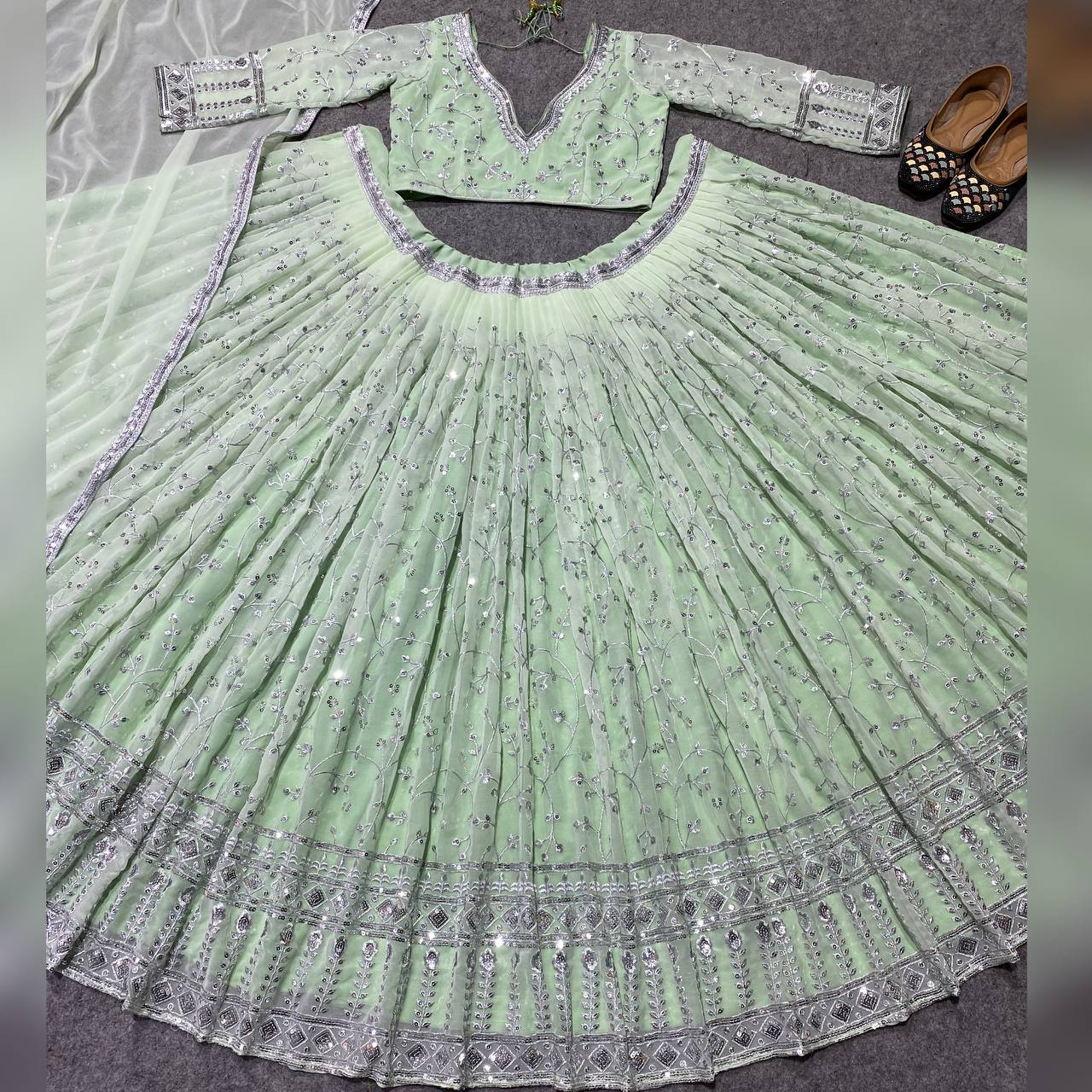 SHAFNUFAB Women's Georgette Semi Stitched lehengacholi SF201380 Diwali Outfit Embroidered lehengacholi Set Light Green Colour Indian Heavy Lehenga