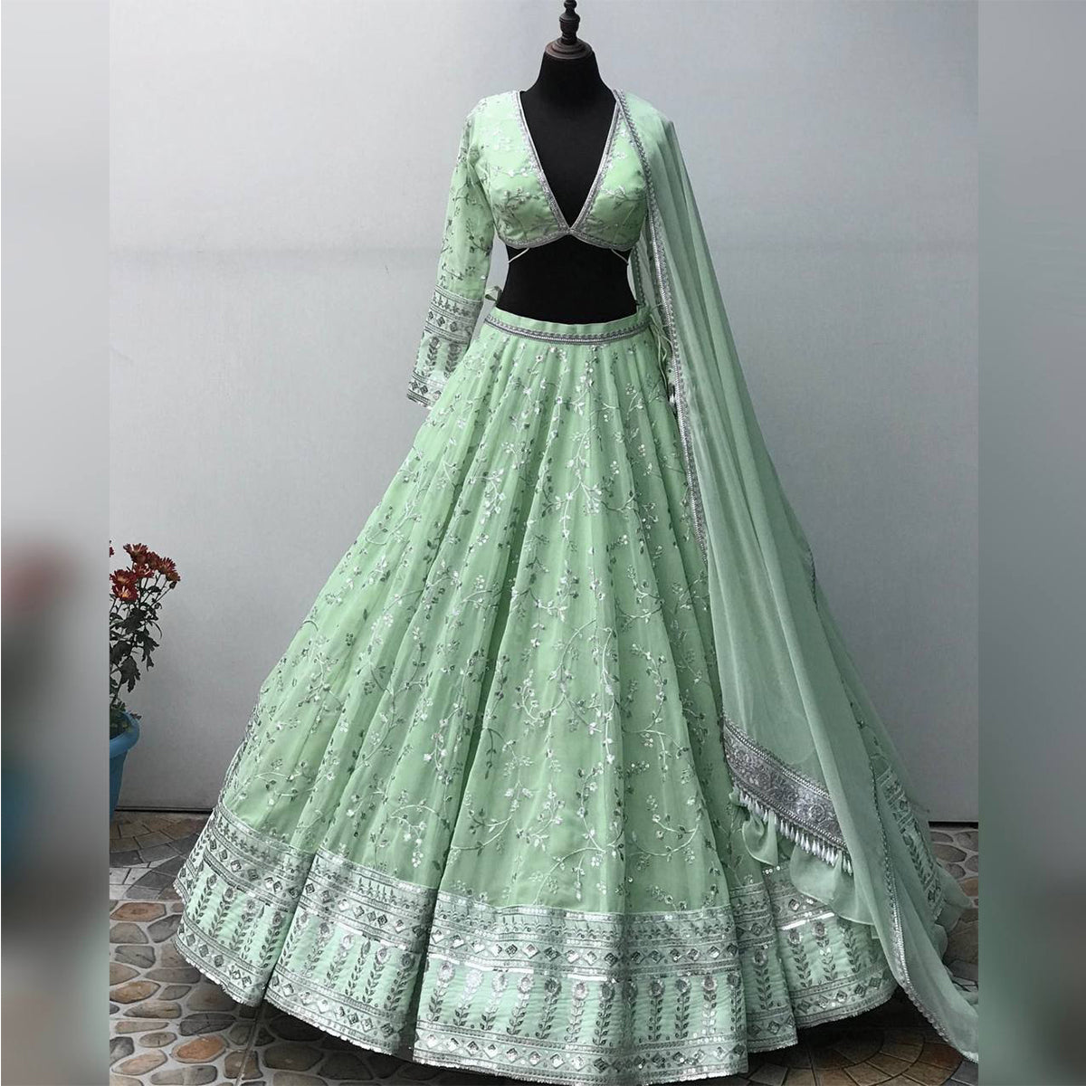 SHAFNUFAB Women's Georgette Semi Stitched lehengacholi SF201380 Diwali Outfit Embroidered lehengacholi Set Light Green Colour Indian Heavy Lehenga