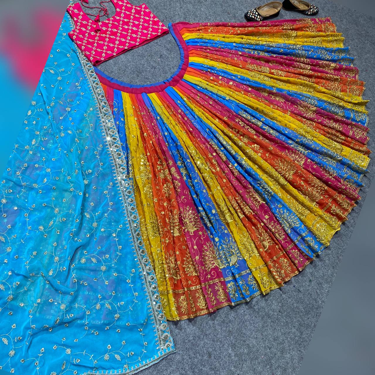 SHAFNUFAB Women's Georgette Semi Stitched lehengacholi SF201381 Diwali Outfit Embroidered lehengacholi Set multiclour Colour Indian Heavy Lehenga