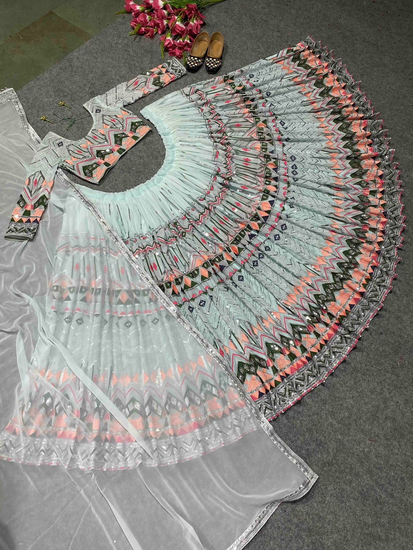 SHAFNUFAB Women's Georgette Semi Stitched lehengacholi SF201384 Diwali Outfit Embroidered lehengacholi Set Sky Blue Colour Indian Heavy Lehenga