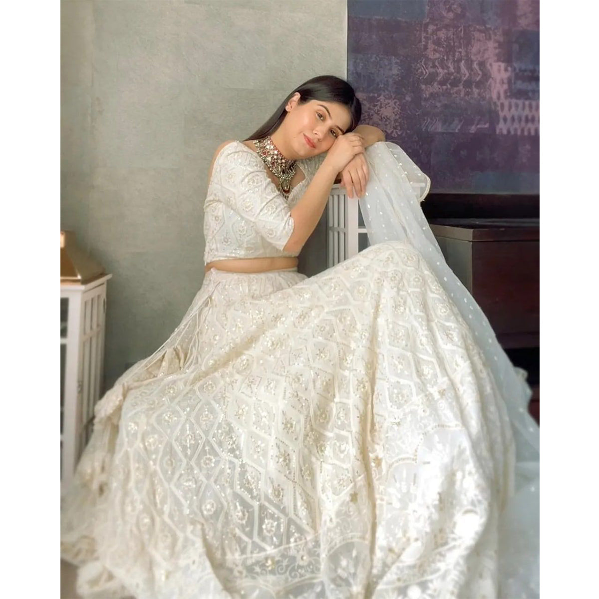 SHAFNUFAB Women's Georgette Semi Stitched lehengacholi SF201395 Diwali Outfit Embroidered lehengacholi Set White Colour Indian Heavy Lehenga