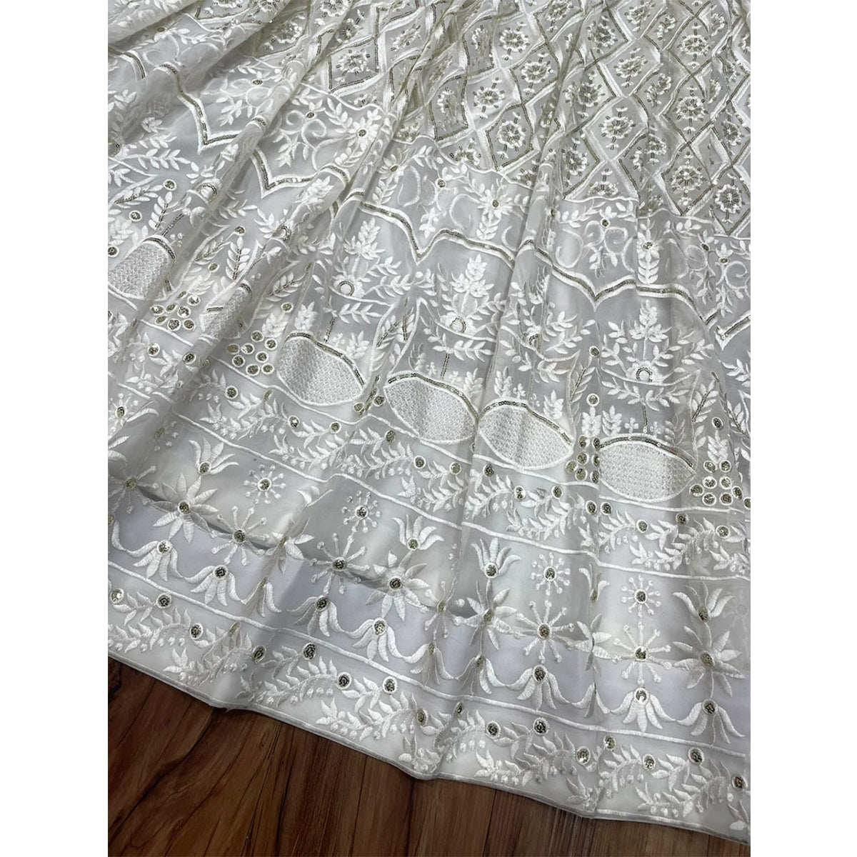 SHAFNUFAB Women's Georgette Semi Stitched lehengacholi SF201395 Diwali Outfit Embroidered lehengacholi Set White Colour Indian Heavy Lehenga