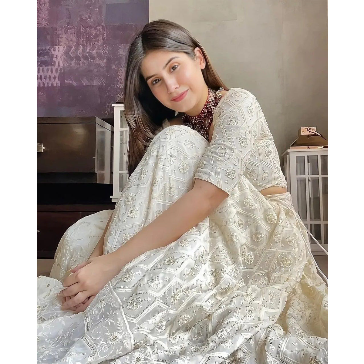 SHAFNUFAB Women's Georgette Semi Stitched lehengacholi SF201395 Diwali Outfit Embroidered lehengacholi Set White Colour Indian Heavy Lehenga