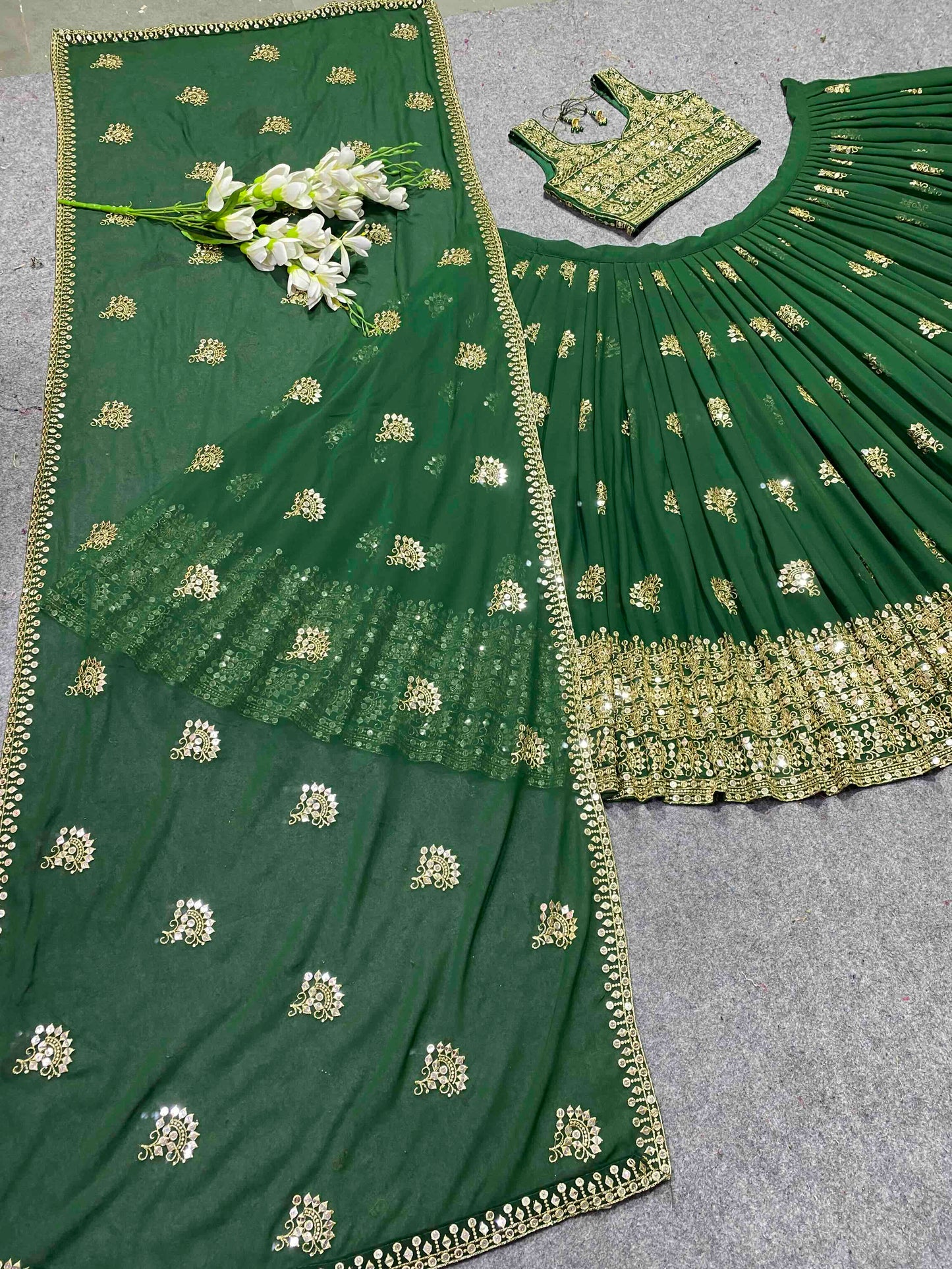 Shafnufab Women's Georgette Semi-Stiched Lehenga Choli( SF201398 Green Free Size )