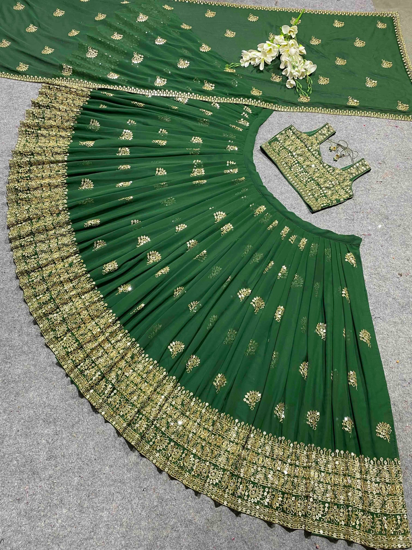 Shafnufab Women's Georgette Semi-Stiched Lehenga Choli( SF201398 Green Free Size )