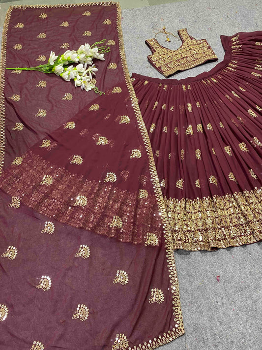 Shafnufab Women's Georgette Semi-Stiched Lehenga Choli( SF201400 Maroon Free Size )