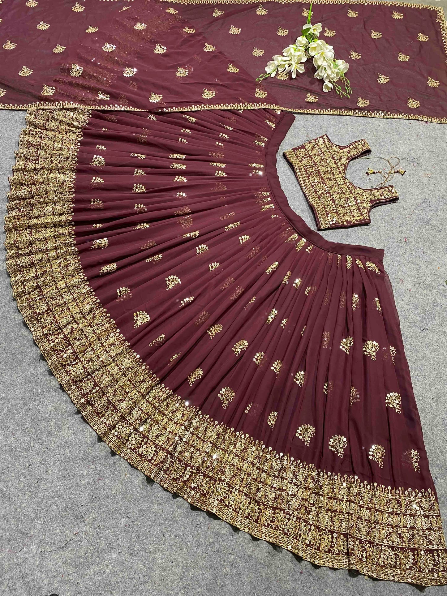 Shafnufab Women's Georgette Semi-Stiched Lehenga Choli( SF201400 Maroon Free Size )