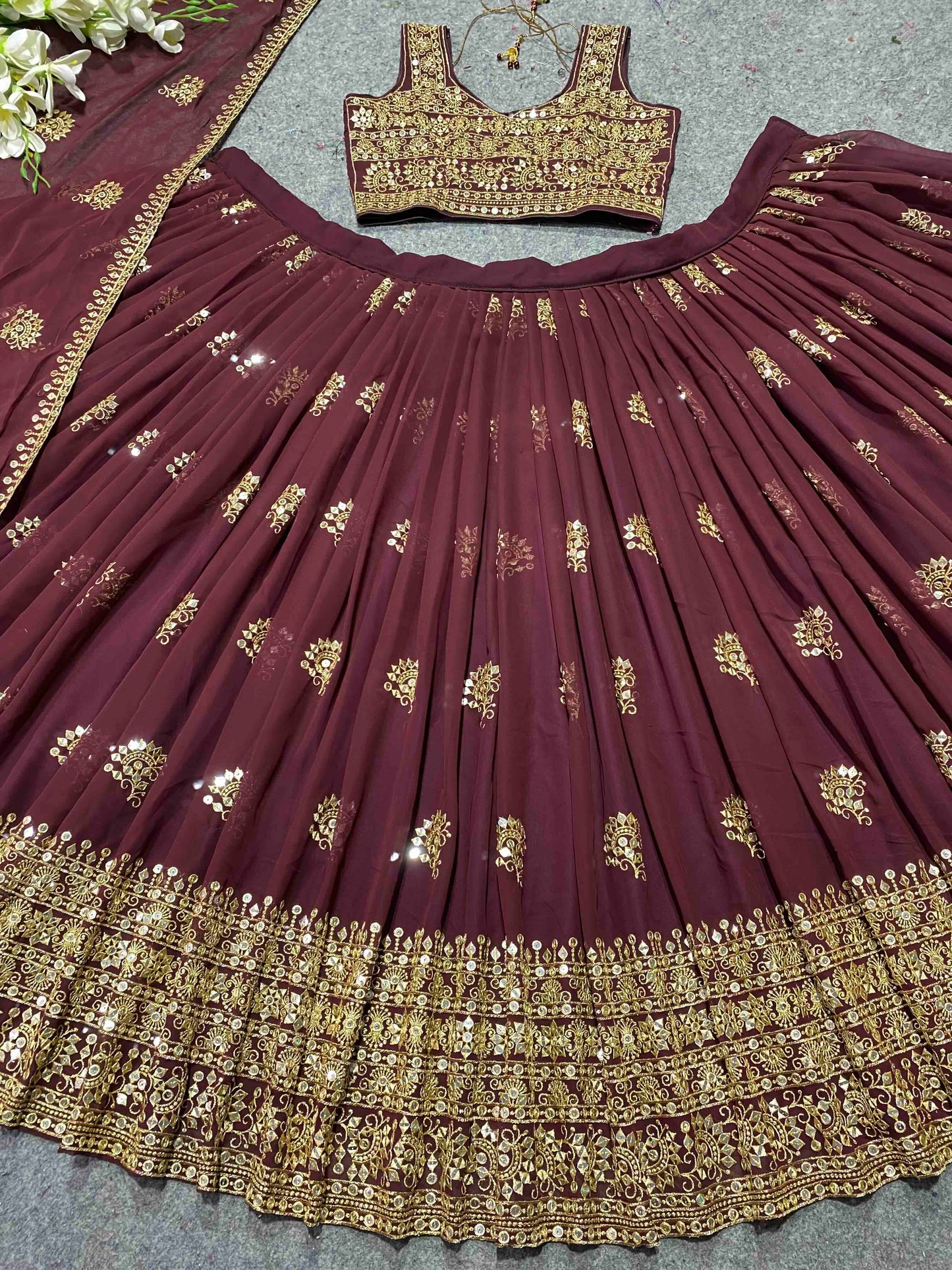 Shafnufab Women's Georgette Semi-Stiched Lehenga Choli( SF201400 Maroon Free Size )