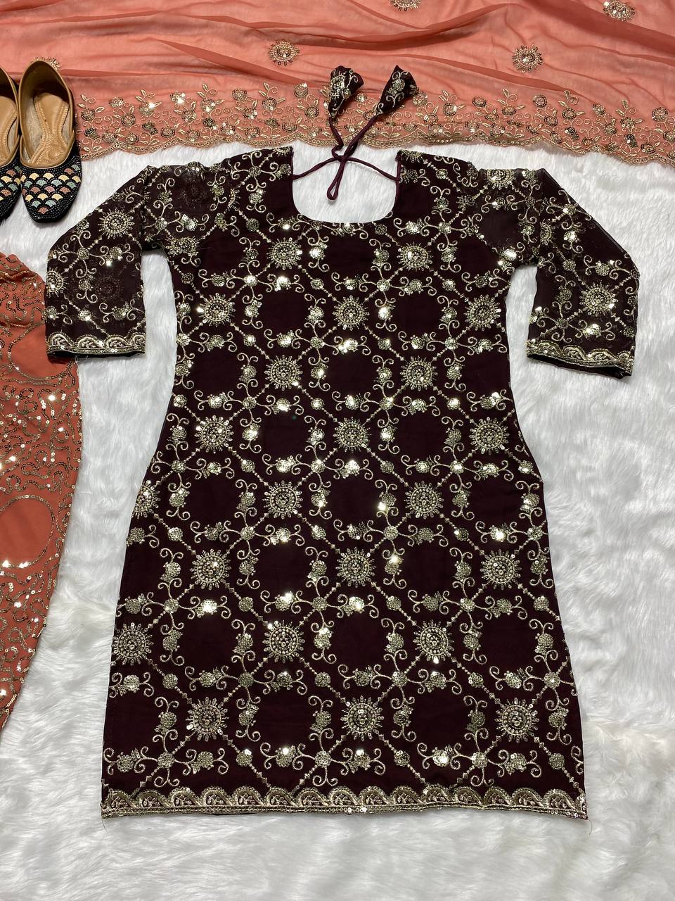 Shafnufab Women's Georgette Stitched Punjabi Patiala Suit With Dupatta (XL Size) In Brown Colour SF201406